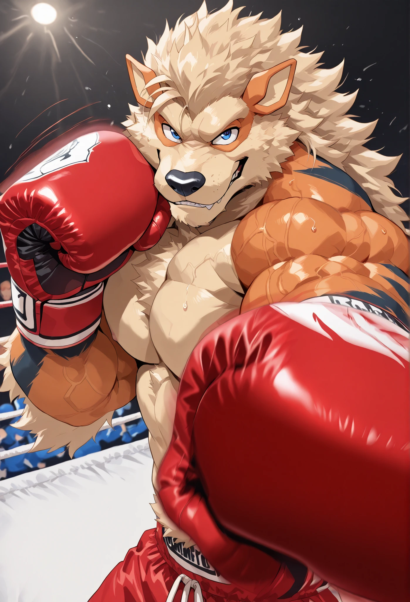 zPDXL3, pov_boxing, mercilessly punching_the_viewer, foreshortening, motion blur, red boxing gloves, red boxing trunks, depth of field, extreme perspective, closeup, action shot, boxing, dynamic punching pose, motion lines, impact lines, mercilessly barrage of punching the viewer, chopped head, boxing ring background, BREAKER Arcanine, heavywait boxing champion, furry male, heavy muscular, veiny muscles, looking at viewer, stern face, serious eyes, large pectorals,