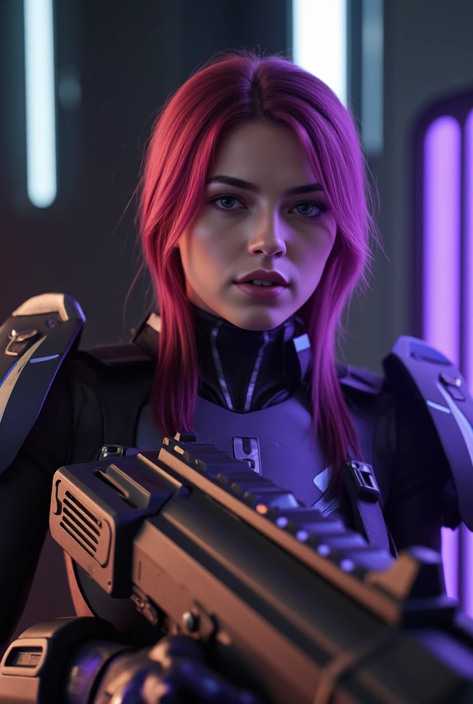 ((masterpiece)), 21 yo woman,  accurate textured skin, ((super detail)), high quality, high details, highres, cyborg woman, best quality, dark pink hair, long hair, loose hair, wide pupils, cinematic lighting, chiaroscuro, textured skin, masterpiece, high details, super detail, A scene from a science fiction movie. A soldier who works in a city on a different planet from Earth. Wearing a functional . The shoulders and arms are equipped with mechanical parts.  Heavy armor, purple and blue metal parts, (Laser Rifle)