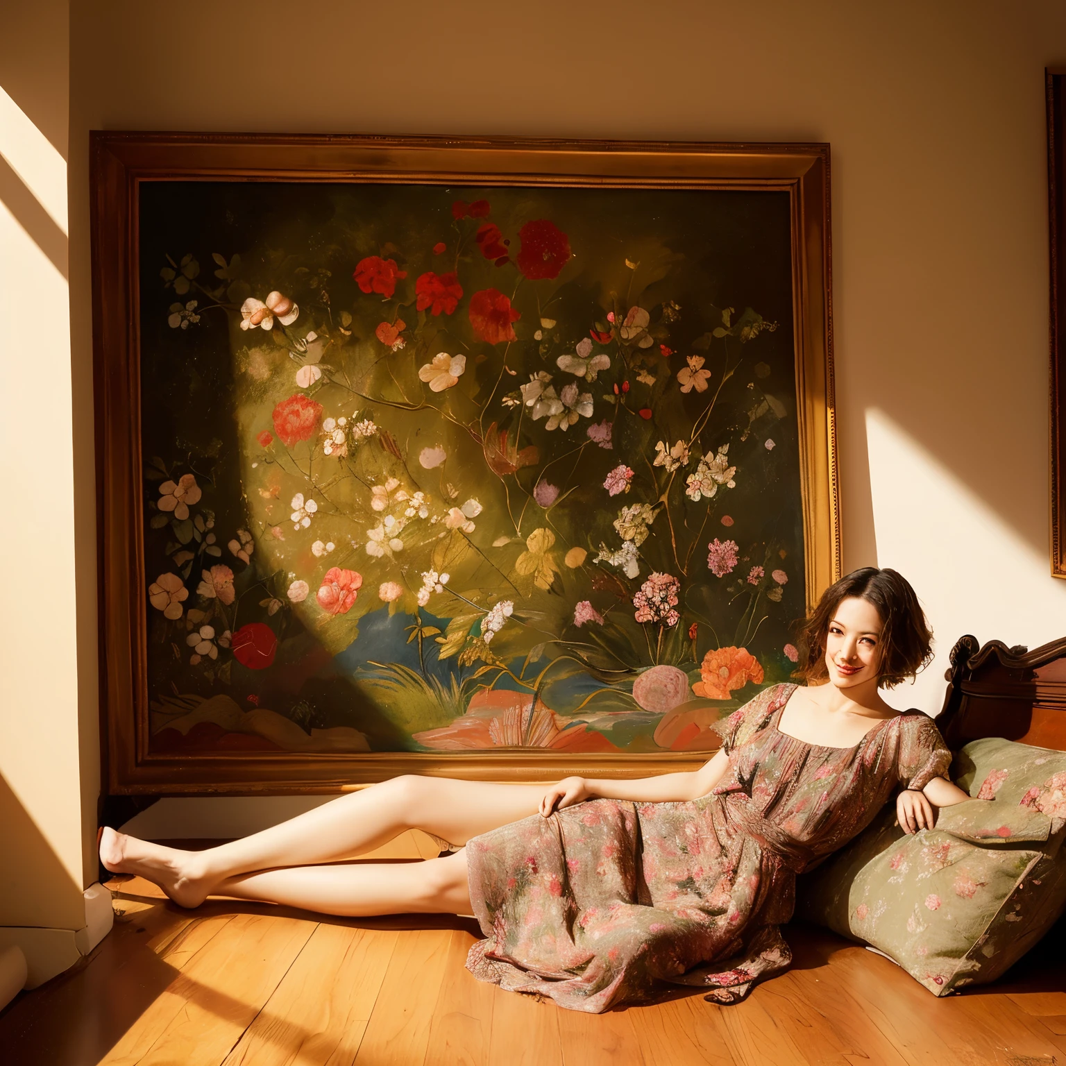 Woman lying on pink sofa，There is a dog on his lap, in an art gallery], inspired by Cecily Brown, korean artist, art work, author：Naomi Okubo, inspired by Naomi Okubo, in summer, author：Ayami Kojima, author：Yasutomo Oka, at summer afternoon, height of 165cm, wearing pink floral chiton, wenfei ye