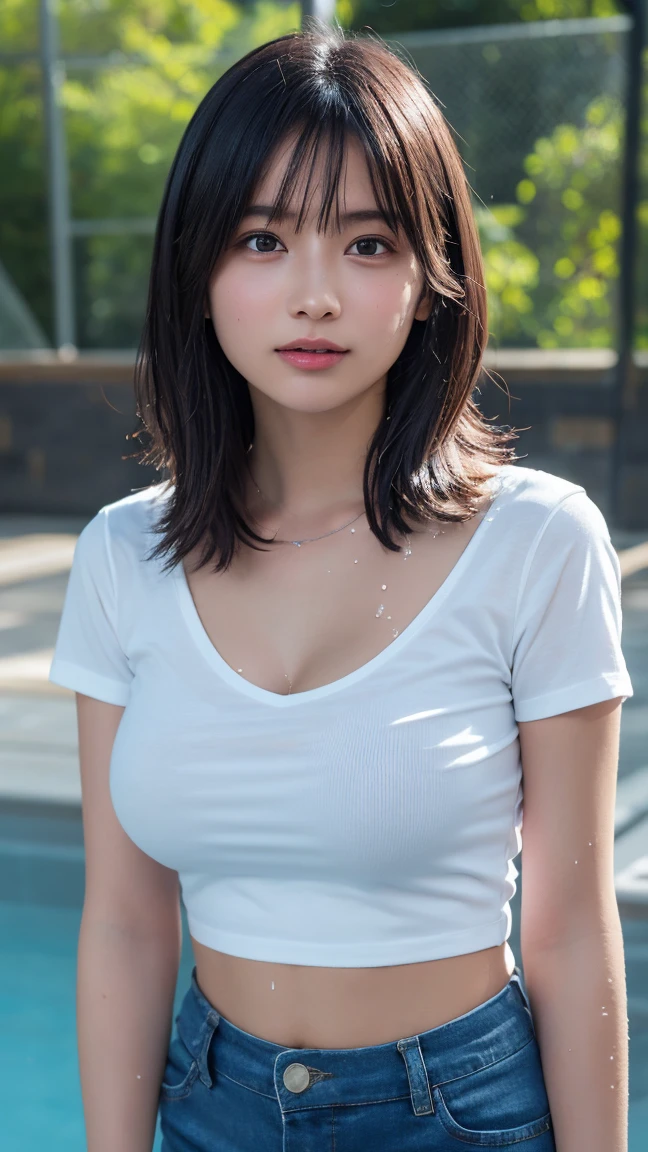 ((beste-Qualit、8k、masterpiece:1.3))、foco nítido:1.2、Beautiful woman with perfect body:1.4、slim abdomen:1.2、((hugetits:1.2))、(no-bra) (Small and beautiful hard nipple) (Thin, damp buttons up to shirt length:1.1)、(White shirt wet by rain)、(Sateen)、Wet body:1.1、Highly detailed facial and skin texture、 A detailed eye、二重まぶた、sexy for、exposed shoulder、cleavage of the breast,(Shorthair with bangs:1.2)