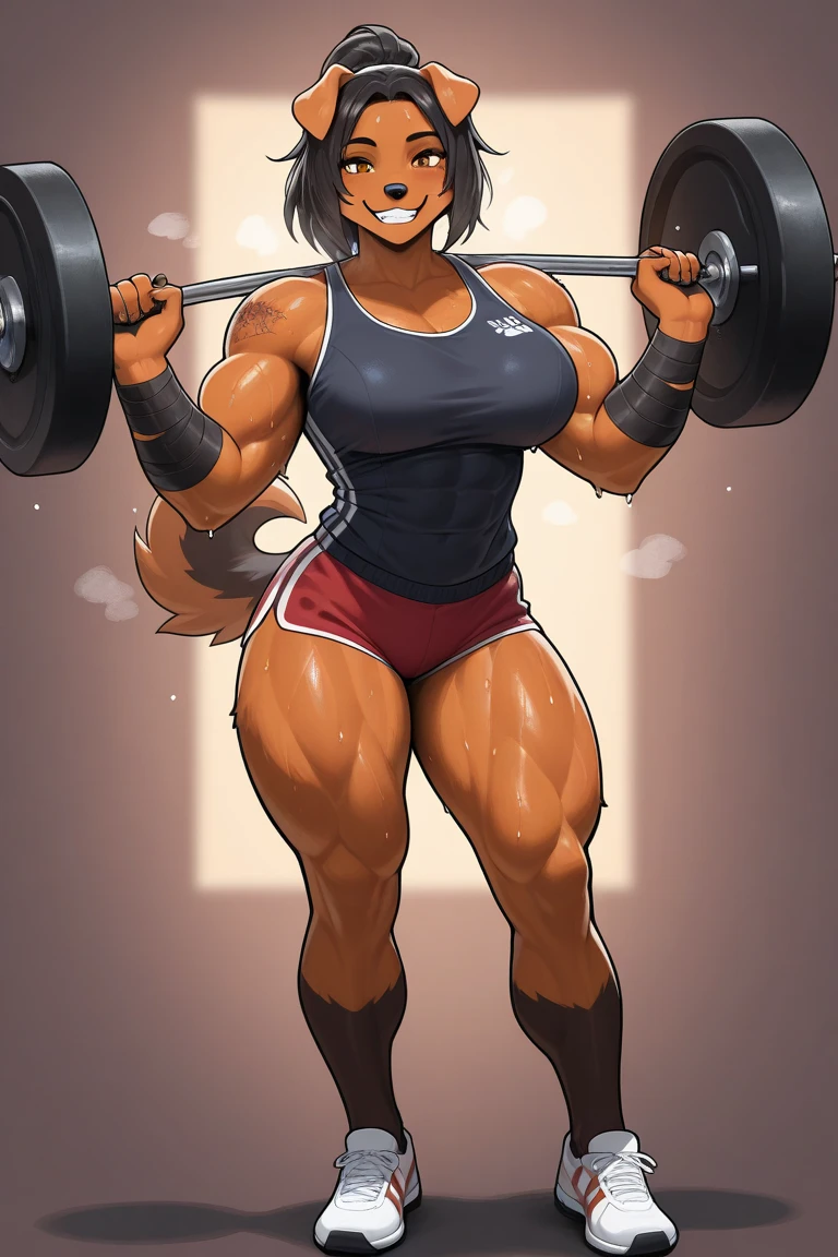 score_9, score_8_up, score_7_up, from the author: Wyla
Anthropomorphic furry female German Shepherd, brown long hair, amber eyes, big breasts, wide hips, in a sports bra and sexy panties, Looking at the viewer with a mocking smile, A look that deceives the viewer, looking down at the viewer、She looks down at the viewer with a sweet smile., Physically based rendering, (thick hips: 1.2, beautiful hips:1.2, BIG ASS: 1.2).