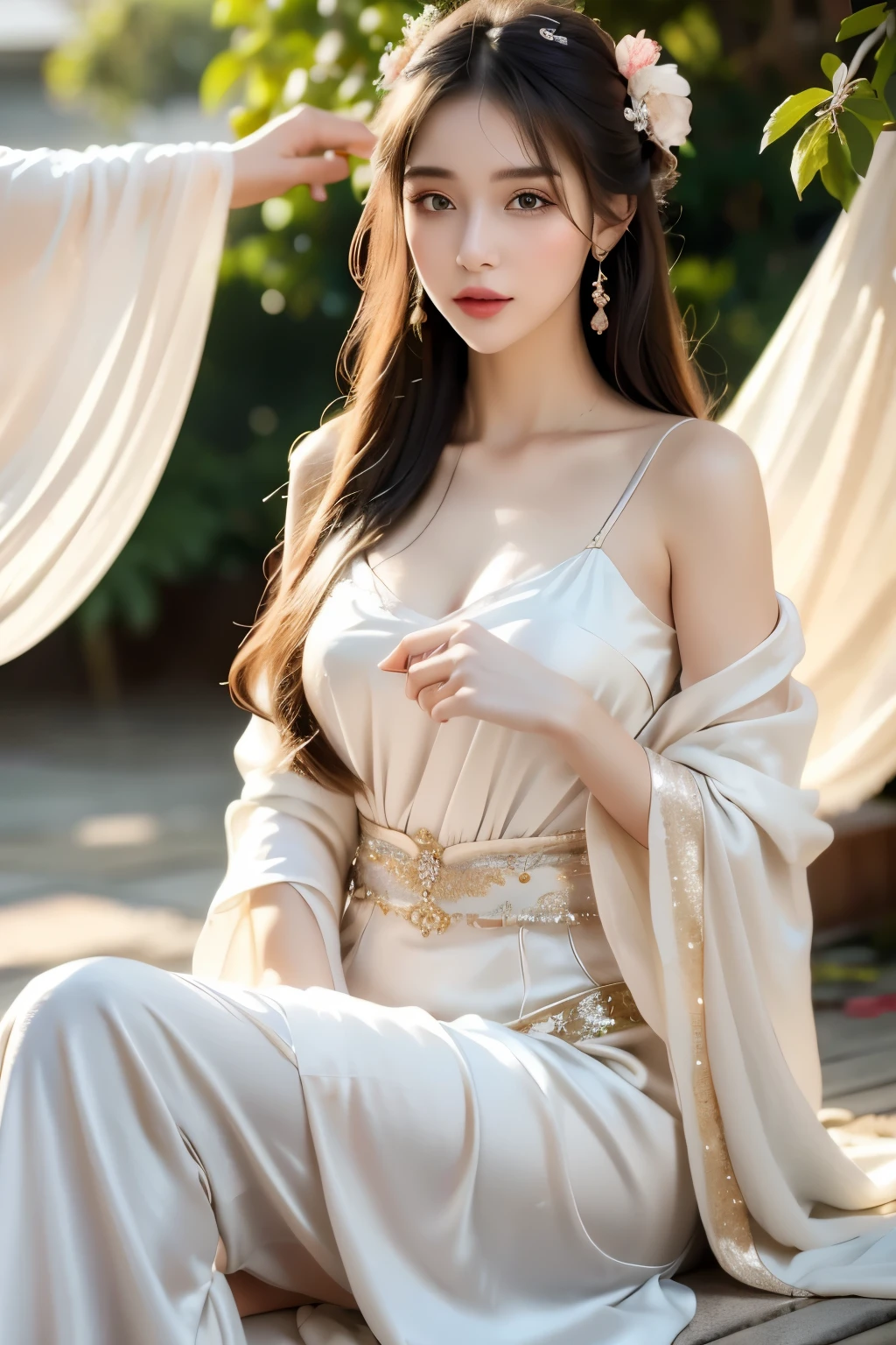 High quality, masterpiece, masterpiece, exquisite facial features, delicate hair, delicate eyes, delicate colored hair, 4K picture quality, brilliant light and shadow, Tyndall effect, halo, messy hair, youthful state, gorgeous scene, exquisite clothes, chains, feathers, big eyes of ancient Chinese beauty very detailed, digital painting, artstation, concept art, clear focus, illustration, (full body 2.0), greg rutkowski and alphonse mucha and victo ngai of art