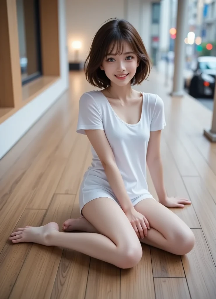 NFSW,In 8K,Highest quality:1.4, Ultra-high resolution:1.5, (Realistic:1.4),masterpiece:1.2,(Highest quality:1.4)、 RAW Photos、 (The background is blurred), 1 Japanese girl, cute, (alone:1.4), (A shy smile), Smooth Skin、 (Brown Short Hair,bangs),Nogizaka,Flexible fingertips,Beautiful dark eyes、dual、Natural skin texture:1.3, Realistic eye and facial details:1.7、Medium chest、Daytime、Tight ass:1.5、View your viewers,(Beautiful Eyes:1.1)、cute、I can see your thighs、I can see your chest、Beautiful feet