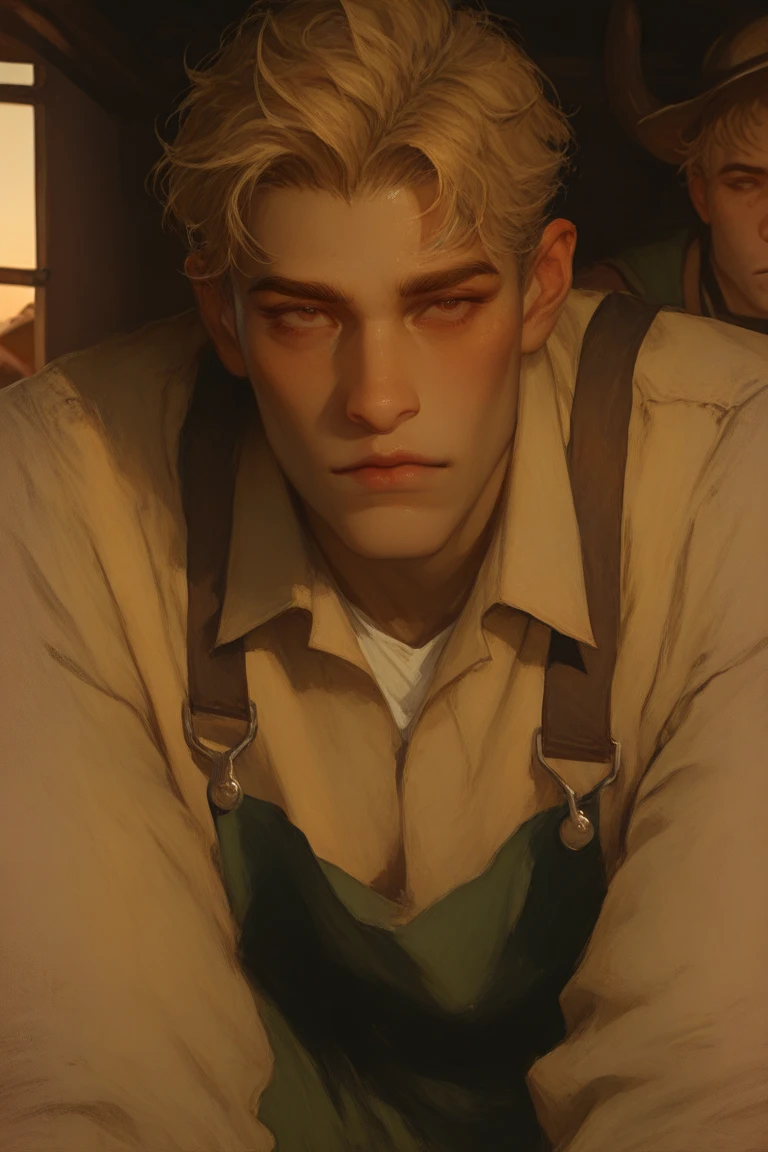 A young tall thin man with blond wavy short hair in an old-style medieval canvas shirt stained with blood and pants wounded lying on the ground in the forest, blood on his chest, in the distance you can see the stone wall of the castle, 3d, in the afternoon in the forest