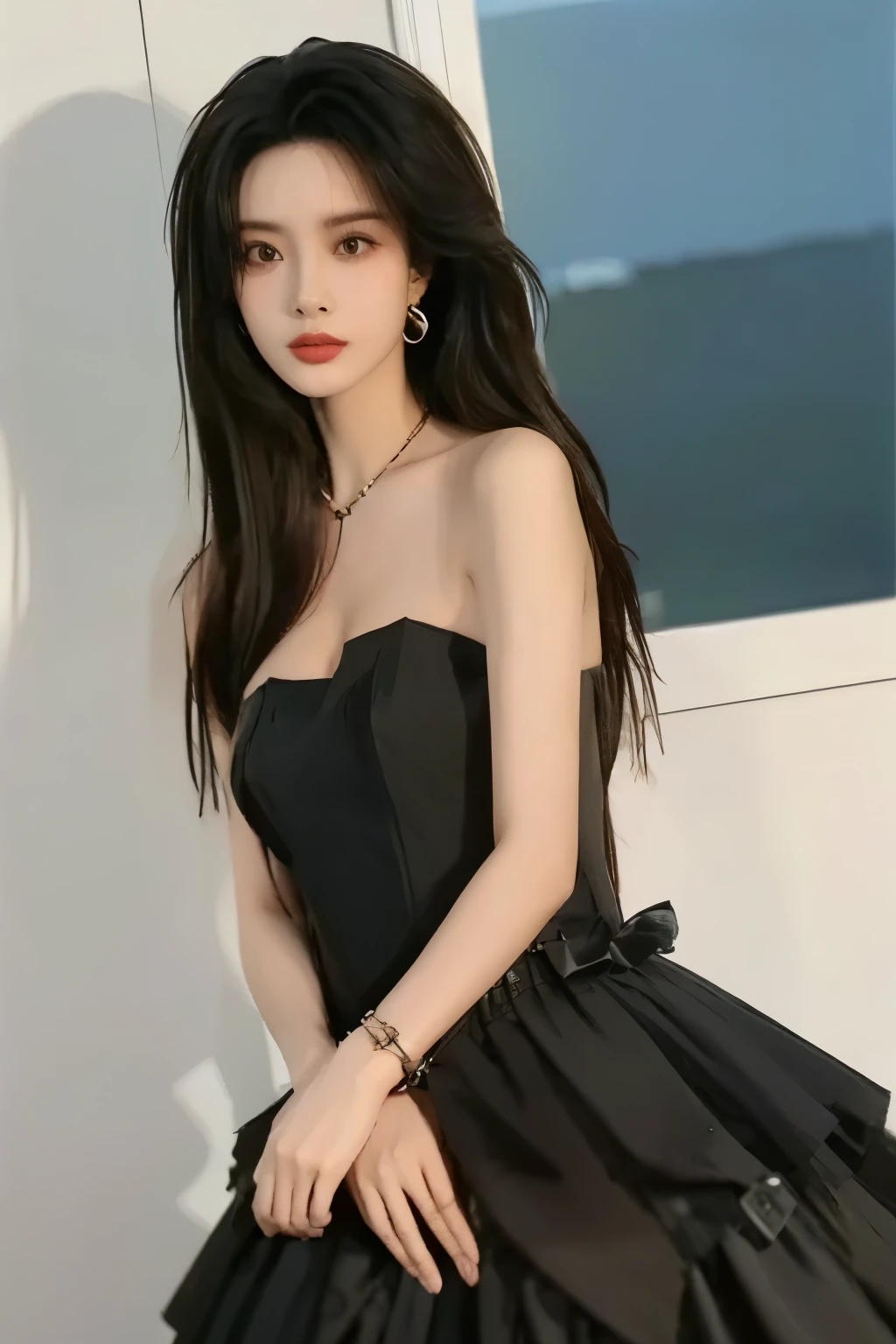 Beautiful woman with perfect figure,Layered Hairstyle,Skin Whitening, long black hair,strapless dress