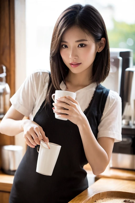 (((best quality))),(((ultra detailed))),(((masterpiece))),illustration,1girl,maid cafe,stunningly beautiful,slim,shoulder length straight bob hair,flowing black hair,deep captivating eyes,maid uniform,short black dress,white apron,bare arms,slender legs,pantyhose,graceful movements,confident charm,warm genuine smile,France cafe,sliding paper doors,delicious coffee pastries,warm inviting atmosphere,joyful eyes,Coffee Machine
