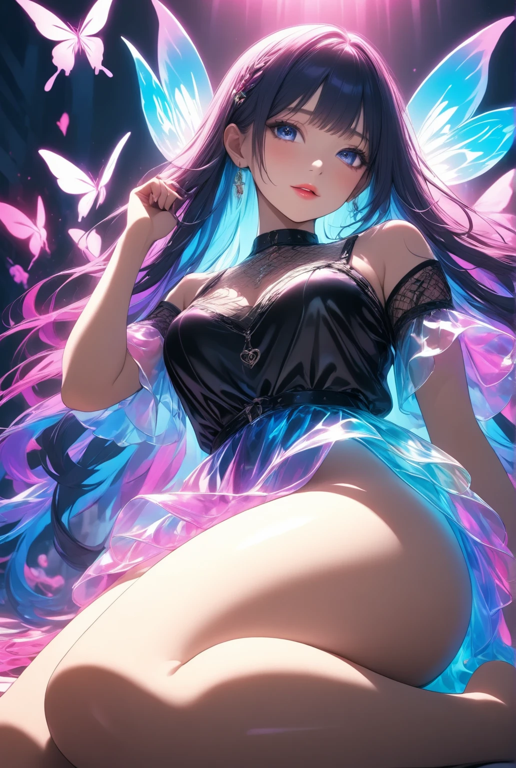 Highest quality,Highest Resolution,4K quality,Smiling beautiful girl,Full body close-up,Starry Eyes,Black hair ponytail,,Iridescent Bra,High leg,Rainbow garter belt,Rainbow colored knee-high stockings,Dark bedroom at night,Iridescent underwear,Standing posture,