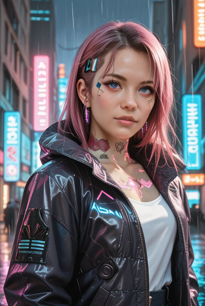 25-year-old cyberpunk girl in a colorful Harajuku pop outfit, Cowboy shot, the wind, Real Pile, big blue eyes, 8K, a perfect face, the perfect body, messy  hair, Highly detailed eyes, Highly detailed face, ((Cyberpunk 2077 cityscape)), (Cyberpunk aesthetics and atmosphere:1.3), Bright colors, Smiling, ((Cinematic lighting))