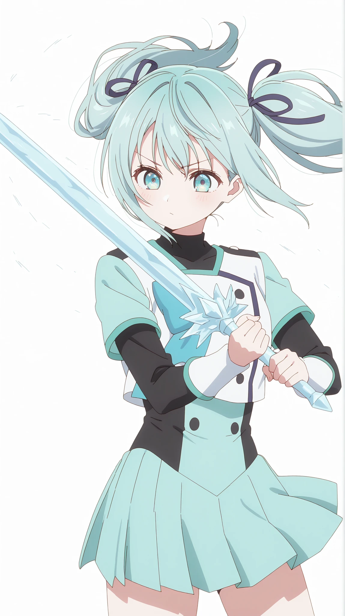 ultra high definition, simple white background, cute girl , light Aqua hair ,straight short haire battle uniform, twin-tails,strong wind, hair fluttering,wielding an ice sword,zoom