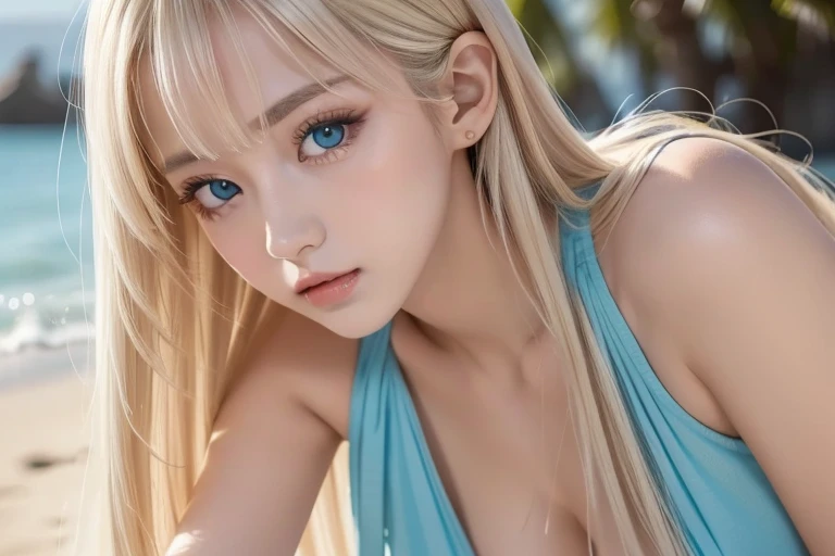highest quality、8K masterpiece、ultra high resolution、(realistic:1.3)、RAW photo、A -yeld beiful girl of Scandinavian descent with shining blonde hair.、Shining beautiful platinum blonde hair、Super long straight hair、bangs between eyes、hair above the eyes、片hair above the eyes、hair between eyes、white and glossy skin、1Cyberpunk super beautiful soldier、((Super realistic details))、portrait、global illumination、shadow area、octane rendering、8K、super sharp、beautiful breasts、The bare skin of the cleavage is exposed、Metal、cold color、、very intricate details、realistic light、CG Society Trend、Very beautiful bright light blue eyes、very big eyes、Eyes shining towards the camera、neon details、small face beauty、round face、cheek gloss highlight