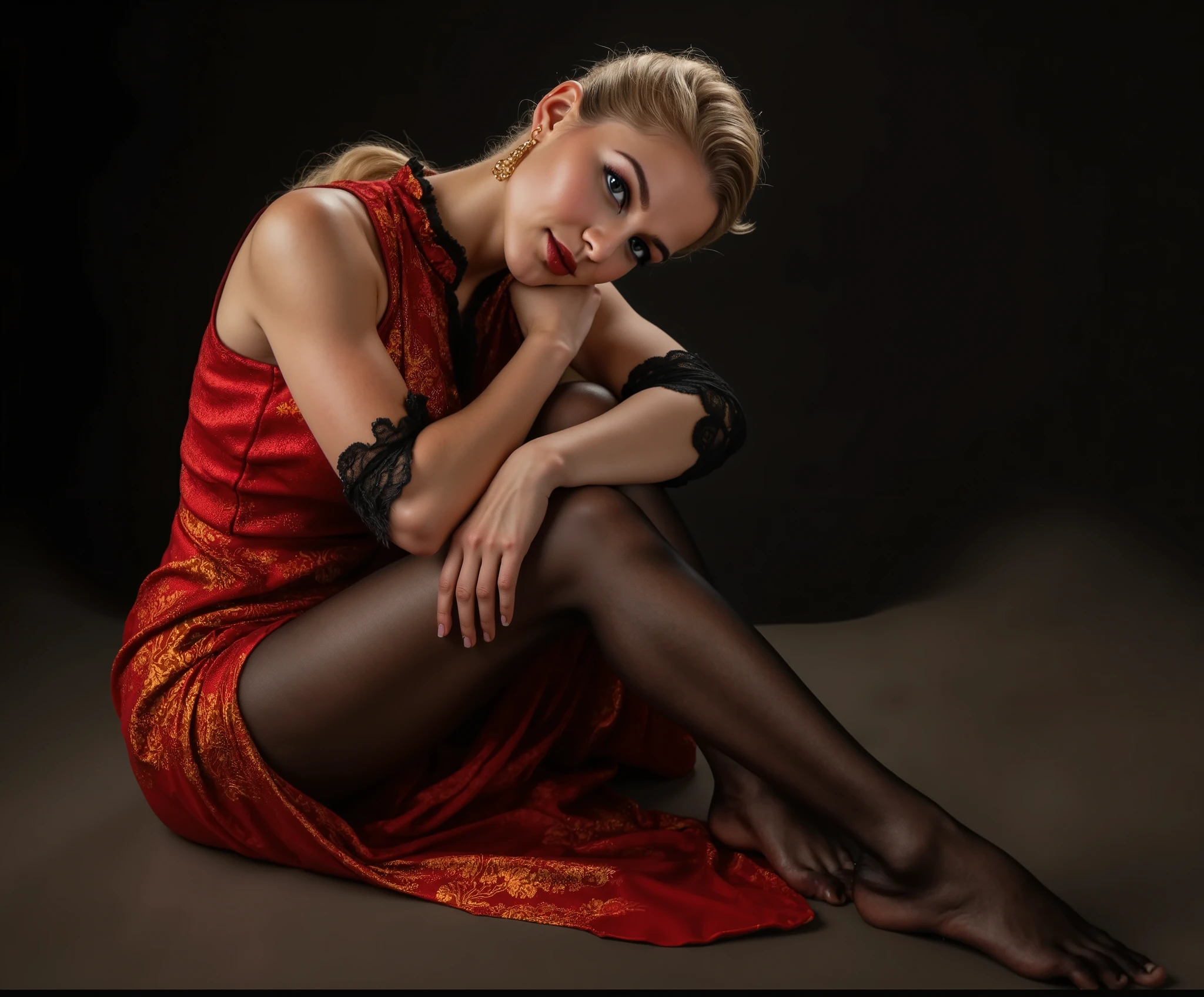 European mature female in a red sleeveless crotchless cheongsam posing for a picture, very attractive and beautiful, elegant seducing pose, beautiful sexy woman photo, sexy girl, very beautiful mature woman, sexy red red sleeveless crotchless cheongsam, gorgeous elegant attractive, very seductive pose, beautiful blonde girl, seductively looking in front, attractive and beautiful, attractive pose, stunning appealing figure, sexy red sleeveless crotchless cheongsam, in red and black wavy blonde hair, wearing a form-fitting skintight red sleeveless crotchless cheongsam with black lace details at the neckline, gold chandelier earrings, crouching pose with one hand resting on chin, black sheer pantyhose, barefoot, black sheer pantyhose, black pantyhose, black sheer pantyhose, (((barefoot:1.6))), very beautiful mature woman, high long blonde ponytail, seated pose, seductive pose, barefoot, detailed feet, soles, toes, indoor setting with soft ambient lighting, stylish and elegant atmosphere, front view angle, smooth lighting and balanced shadows, fashion model photography, modeling photography, 4k fashion shoot, high - end fashion photoshoot, beautiful European woman sitting, attractive pose, cheongsam, fashion shoot 8k, fashion model pose, ruan jia beautiful!, solo photoshoot, professional model photography, fashion photograhy, gorgeous chinese model seated pose, patterned red sleeveless crotchless cheongsam with red and orange designs, relaxed body posture, sitting side profile, dark studio background, soft lighting from above, smooth skin, minimal shadows, calm and introspective atmosphere, professional studio shot