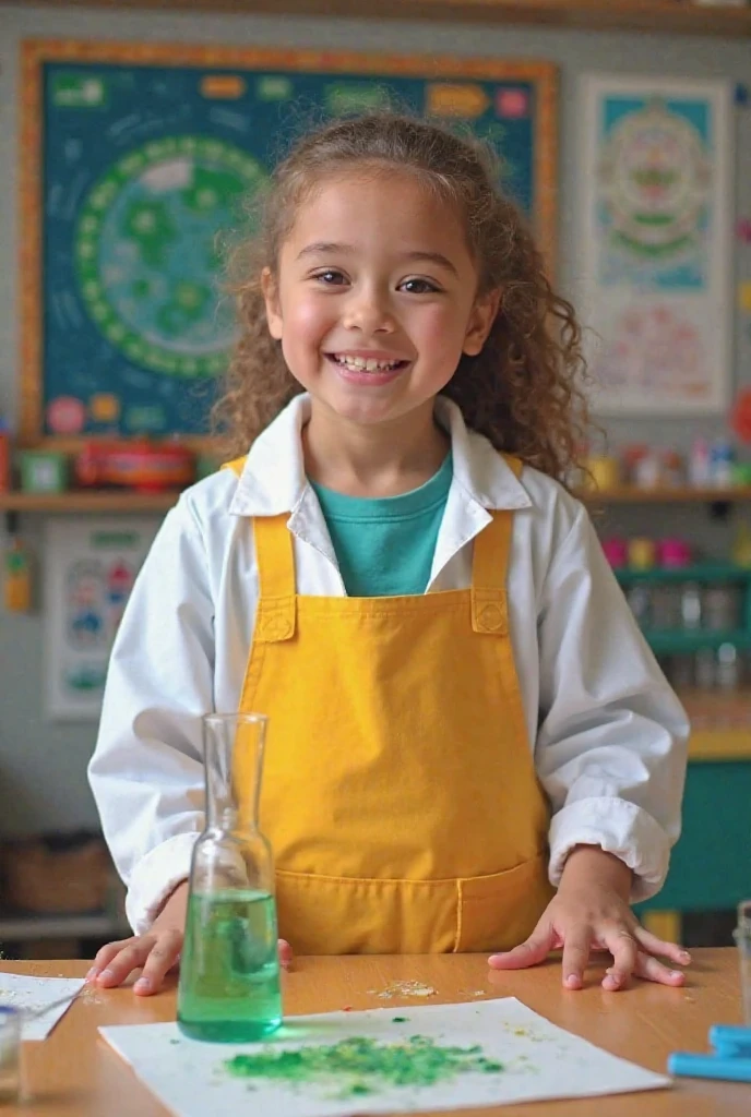 An elementary school child in a lab coat and glasses leaving the bottle with the vegetable and fruit waste to decompose for approximately 3 months.