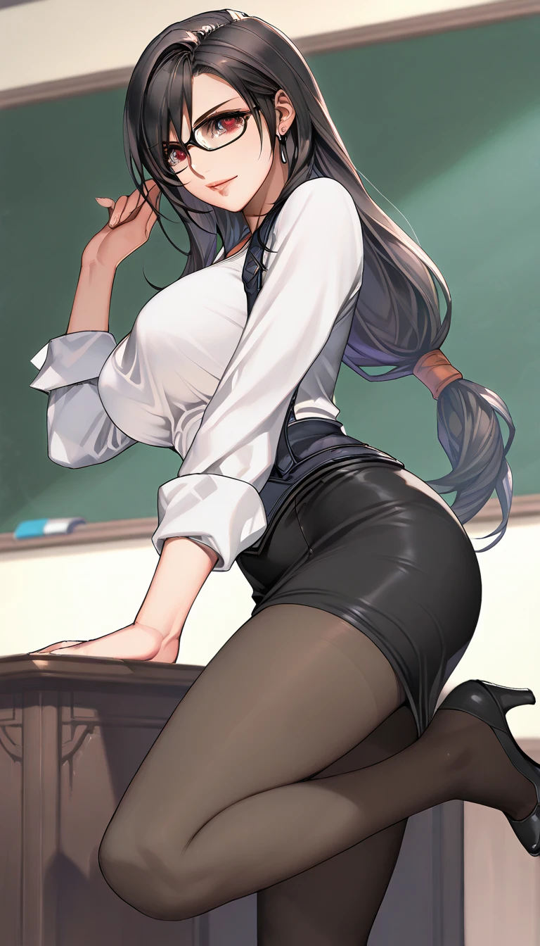 (Ultra-high resolution of the highest quality, masutepiece, Best Quality, 8K, Super Detail, Best Quality:1.3), (Anatomically correct:1.2), (1 elementary school female teacher:1.6), (large breasts:1.1), (drooping eyes:1.3), (blush cheek, blush body:1.3), (wavy hair, braid hair:1.2), (long hair:1.2), (black hair:1.2), (glasses:1.3), (white blouse, pencil skirt:1.7), (class room:1.1), front view, Extremely cute, (extremely detailed beautiful face), Authentic skin texture, beautiful hair, beautiful face, beautiful eyes, beautiful body, beautiful hands, (clothed:1.6), (aroused, naughty face, seductive smile:1.8), (hair over eyes:1.5), (looking down:1.3), (open mouth:1.2), (face focus:1.6), cleavage breasts focus, (legs focus:1.2), (from below:1.3), (Sit with legs crossed:1.6), (slouching forward:1.3), (sole of foot:1.6), (sole of foot focus:1.2)