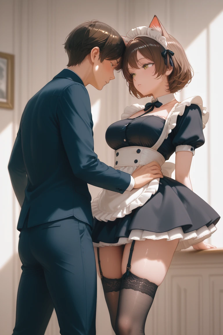 (((mama:1.1))),((((boy Grab mama's ass:1.2)))),(NSFW:1.3),(thick thighs:1.1),(huge breasts:1.2),(embarrassing:1.3,blush:1.3),(orgasm:1.3),(ecstasy:1.2),(trembling:1.1),(tears:1.1),(lace panties:1.1),(milf:1.3),(Vulgarity:1.3),(stupid:1.1),(vapor:1.1),(Wet:1.0),(Sweat:1.2),(Long Sleeve),(((tight panty:1.3))),((at the church:1.1)).(nun:1.1),masterpiece, highest quality, very detailed, dynamic angle, ((perfect hands)), detailed shiny skin, thin hair, fine eyes), amazing background, meaningful background, absurd background, artistic overlay, and colorful hair. The style is surrealism, cinematic lighting, ray tracing,sacred light, Surrealism,Crouch down、Kissing the boob