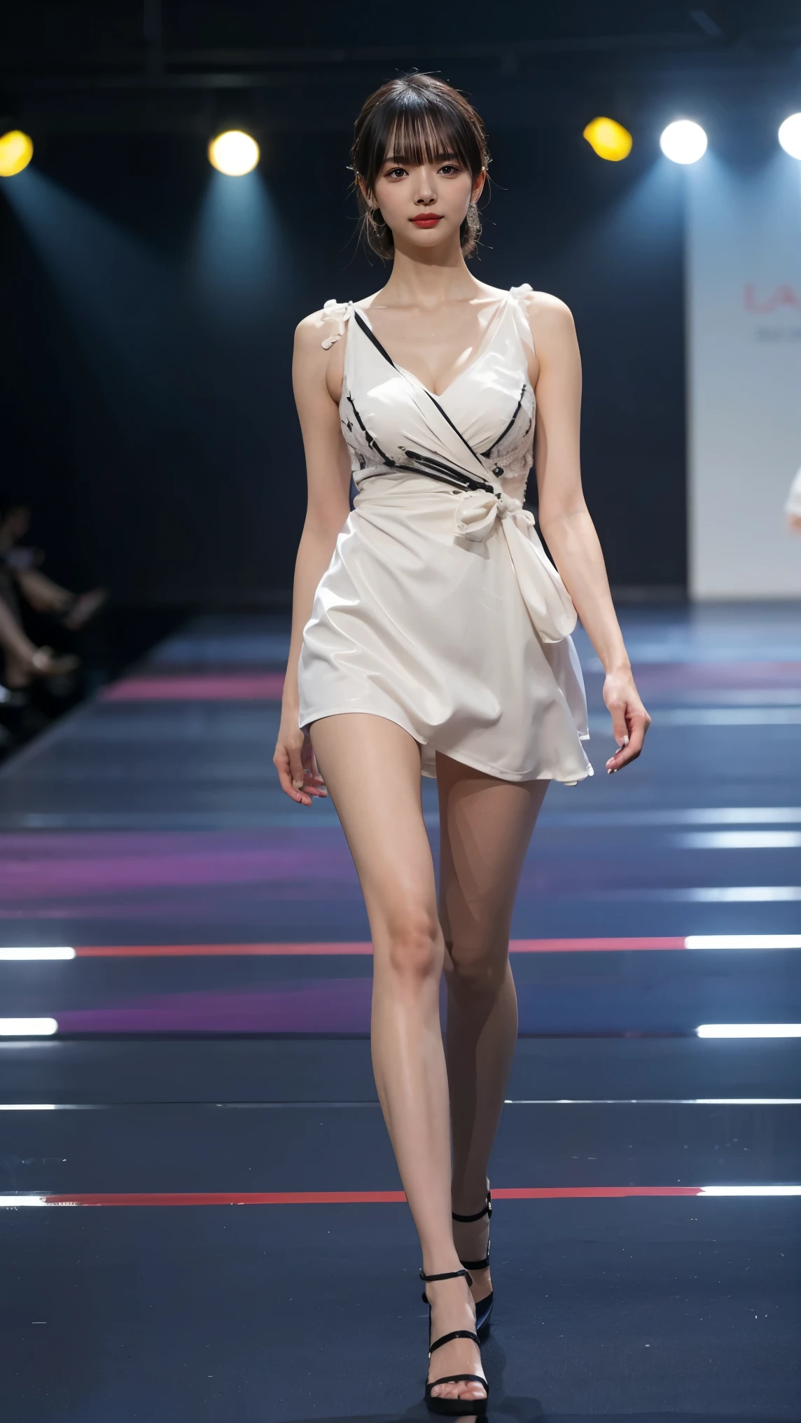 ((top-quality、8K、tmasterpiece:1.3)),Model wears a camisole jacket,Short skirt walking on the catwalk,long leges,Ethereal!!!!!!!,Bigchest,Barefoot,Guan Xiaotong, Ethereal!!!, Big breasts Thin waist