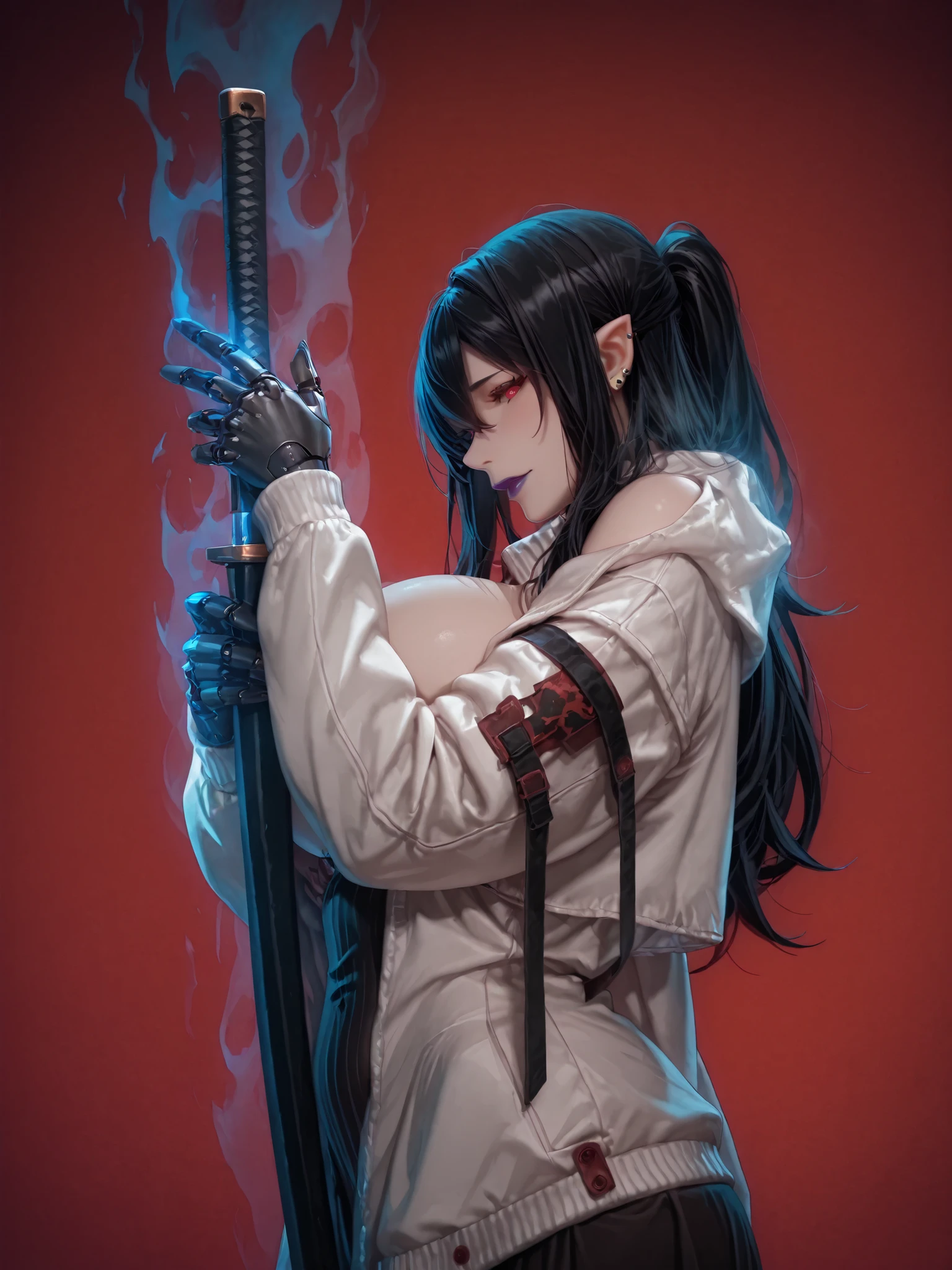Sakuranotomoru, (Siu0207-style:1.2), ((UHD, Cinematic, unreal engine, eye-catching, ambient occlusion, UHD, masterpiece)), ((crack of light)), comic, score_9, score_8_up, score_7_up, score_6_up, score_5_up, score_4_up, uncensored, detailed background, vignetting, masterpiece, Cinematic, high quality, absurdres, best quality, very aesthetic, newest, digital art, trending on ArtStation, ((anatomical correct)), perfect body, perfect eyes, perfect fingers, gasping, heavy breathing, gasping profusely, cinematic, ((skindentation)), ((curvy)), enigma, vampire, long hair, black hair, hair between eyes, red eyes, purple lips, lipstick, pointy ears, big breasts, bright pupils, plump, 1girl, weapon, solo, sword, red_background, katana, holding_weapon, holding, simple_background, ear_piercing, sheath, holding_sword, mechanical_arms, profile, from_side, sheathed, looking_at_viewer, cyborg, white jacket, sweater dress, off shoulder, black short, (black aura), (grey aura), (aura:1.2)