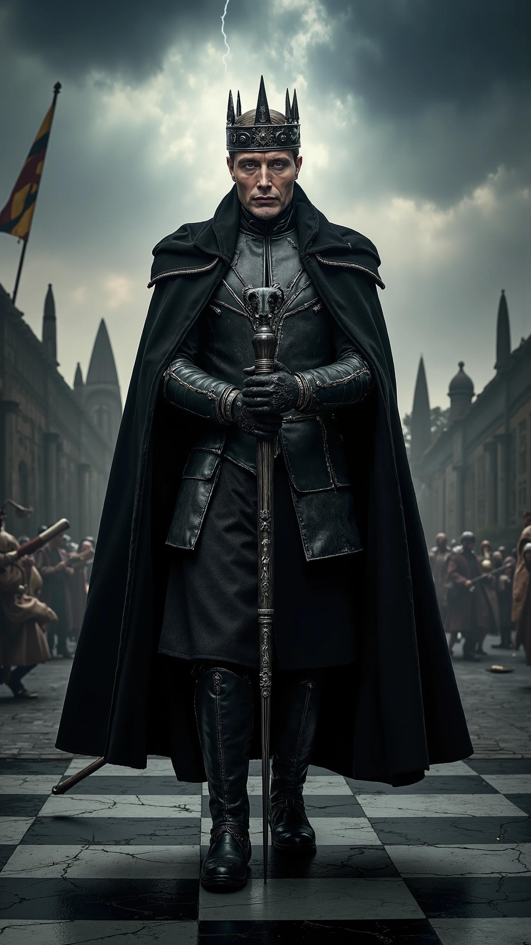 Mads Mikkelsen reimagined as the living embodiment of the black chess king, walking forward across an obsidian chessboard under stormy skies, 1 male,  
He wears a regal black and silver king’s robe layered over sculpted black armor that glimmers with volcanic undertones. His high-collared cloak flows behind him like shadowed royalty. A sharp, angular crown of dark steel and onyx rests on his head, engraved with the symbol of the king chess piece. His posture is calm yet commanding, hands gloved in black velvet, one resting on a jeweled scepter topped with a miniature black king figure.  
His face is stoic, intelligent, filled with quiet authority. Every movement suggests strategy and dominance.  
Shows his male character’s full figure, elegant royal anatomy, rich dark skin, majestic facial features, full body, walking posture, no helmet, pure king aura,  
The background reveals a vast marble chessboard landscape cracked by battle, with fallen white pieces scattered at his sides, distant ruined towers, and dark banners blowing in the wind. Above, thunderclouds swirl around a crown-shaped halo of lightning.  
, photorealistic, masterpiece, realistic, high contrast, cinematic lighting, 8k, HD, high definition detailed, detailed, hyper detailed, realistic skin texture, best quality, ultra high resolution, hyper realistic, no text, very detailed eyes, dramatic lighting
