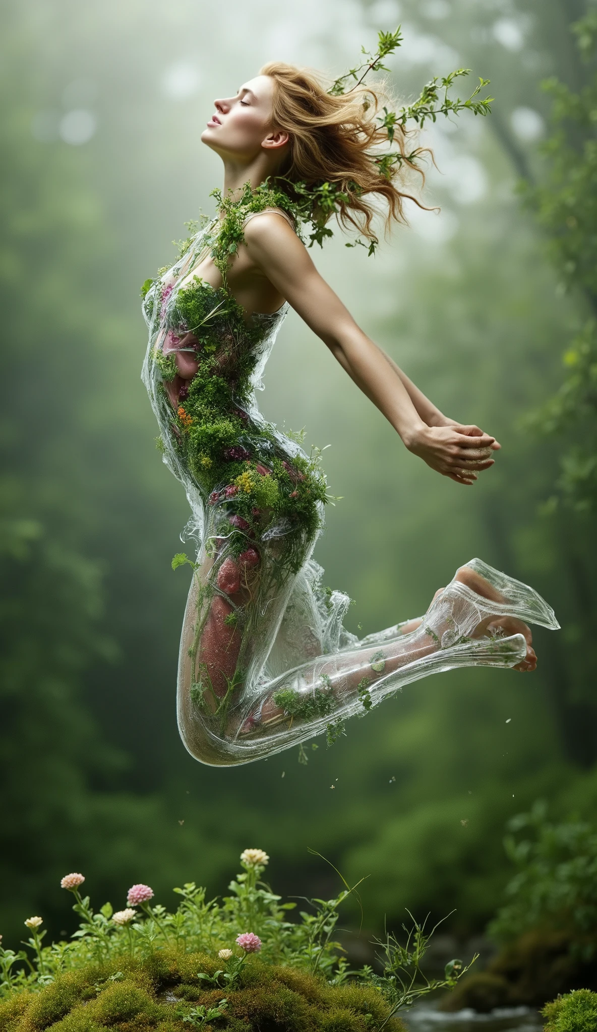 (best quality, 128k,highres,masterpiece:1.2),ultra-detailed,(realistic,photorealistic,photo-realistic:1.37), ((masterpiece)) ((photography)) ((Highest quality)) Transparent female figure, young adult, with detailed flora and fauna integrated into her form. Glass-like, translucent body; intricate network of greenery, vines, and small flora inside, mimicking internal organs. Soft, flowing hair with embedded small plants and flowers. Subtle smile, serene expression. Dynamic pose, leaping, exhibiting a sense of grace and harmony with nature. Precise anatomical structure visible through the transparency. Gentle lighting, diffused and soft, enhancing the ethereal quality. Emphasis on the delicate texture of plants and the transparency of the figure. Natural, verdant palette with shades of green, light pink, and white. Surrounding environment is lush; mossy base, small flowers, and out-of-focus greenery. Composition focuses on the figure in mid-leap, with depth of field showcasing the details in the background. Natural, whimsical style; surreal and dreamlike atmosphere, evoking a sense of tranquility. Botanical art style, nature-inspired. Focus on organic forms and interconnectedness of life.