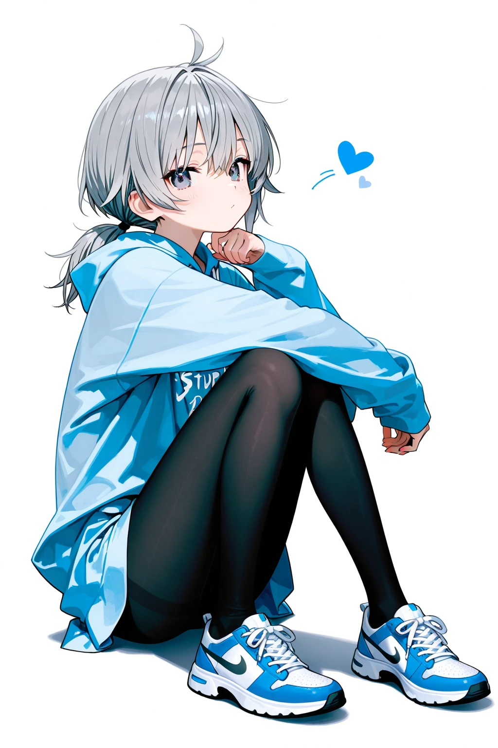 masterpiece, top quality, super detailed, CG illustration, high resolution, better lighting, best shadows, very delicate and beautiful, proper shading, hd, 8k,1girl, solo, blush, smile, short hair, open mouth, simple background,long hair, white hair, white background, jacket, full body, pantyhose, shoes, shorts, Bloodred eyes, sneakers, striped pantyhose, vertical-striped pantyhose
