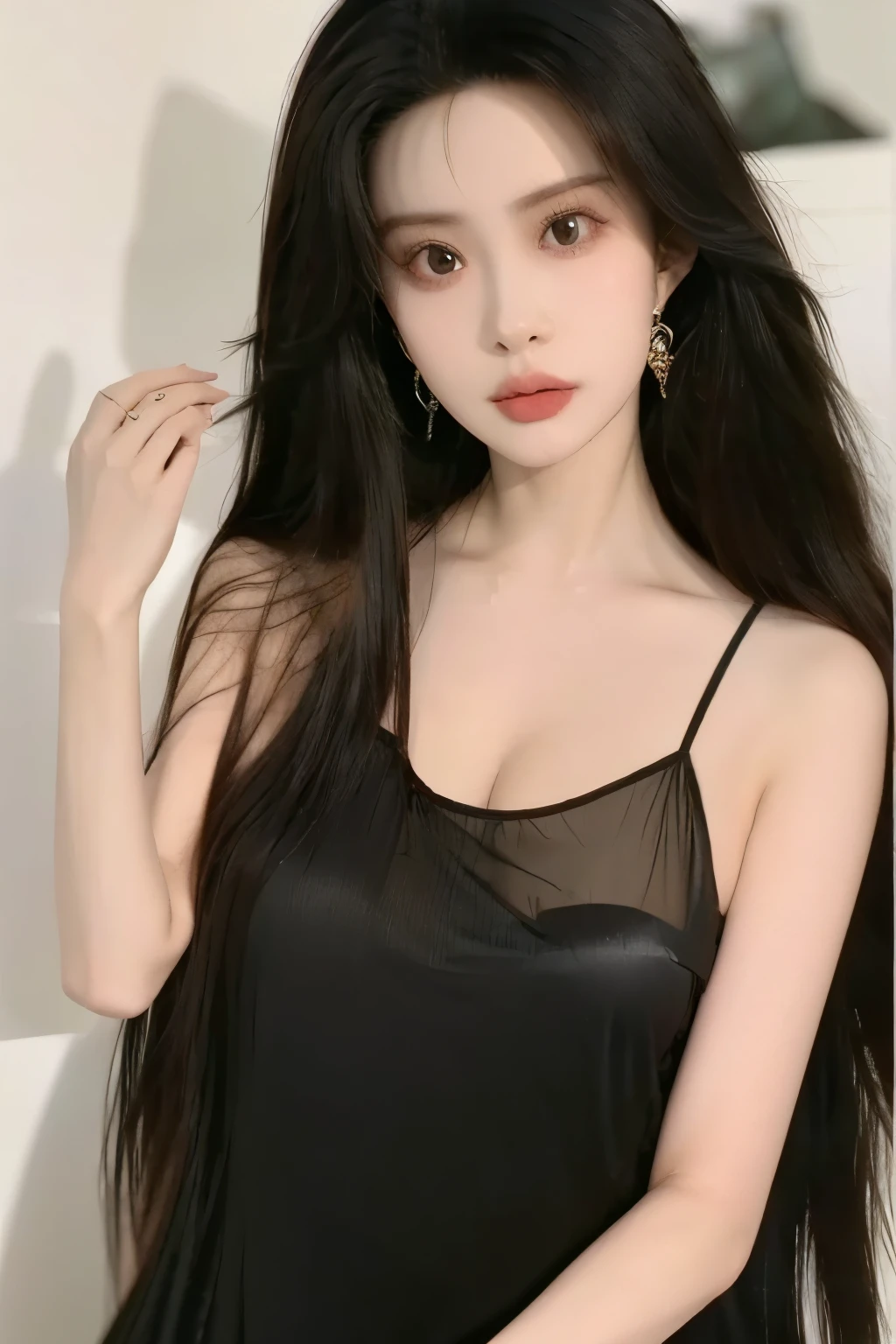 Beautiful woman with perfect figure，Layered Hairstyle，Skin Whitening， long black hair，transparent clothes