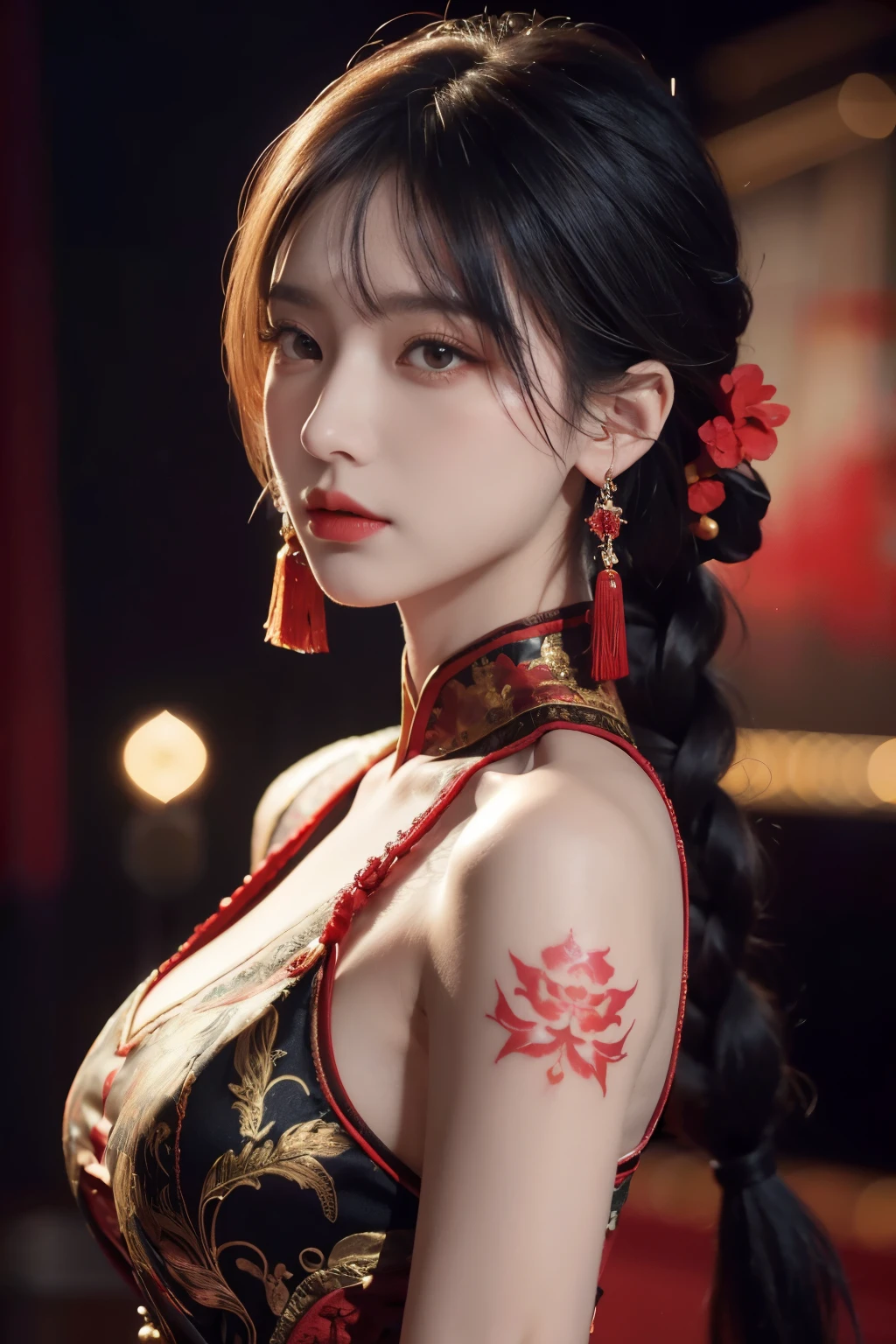 vibrant colors, female, masterpiece, sharp focus, best quality, depth of field, cinematic lighting, white hair, red eyes, braid, dress, long hair, red eyes, tattoo, earrings, jewelry, black dress, hair ornament, bangs, chinese clothes, breasts, china dress, sleeveless,