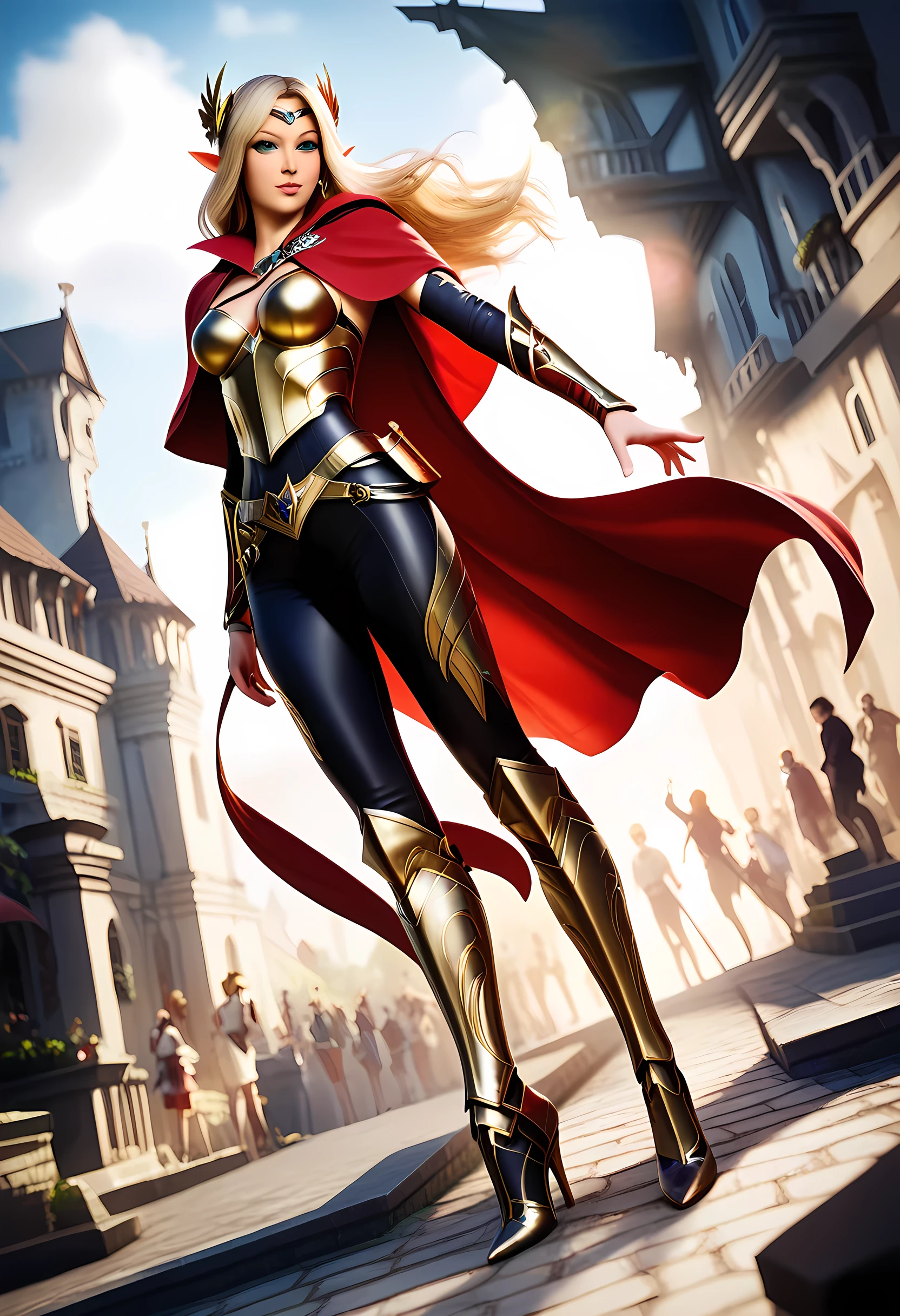 a black and white 1940s snapshot picture of a female elf, fantasy swashbuckler, fantasy fencer, armed with a slim sword, metallic shine, colorful clothes, full body, epic beautiful female elf, blond hair, long hair, billowing hair, small pointed ears, wearing  cloak, long cloak, (red cloak: 1.3) wearing elven leather armor, sense of daring, sense of adventure fantasy street, high details, best quality, 16k, [ultra detailed], masterpiece, best quality, (extremely detailed), dynamic angle, ultra wide shot, photorealistic, RAW, fantasy art, realistic art,((best quality)), ((masterpiece)), (detailed), perfect face, fantasy, Irelia