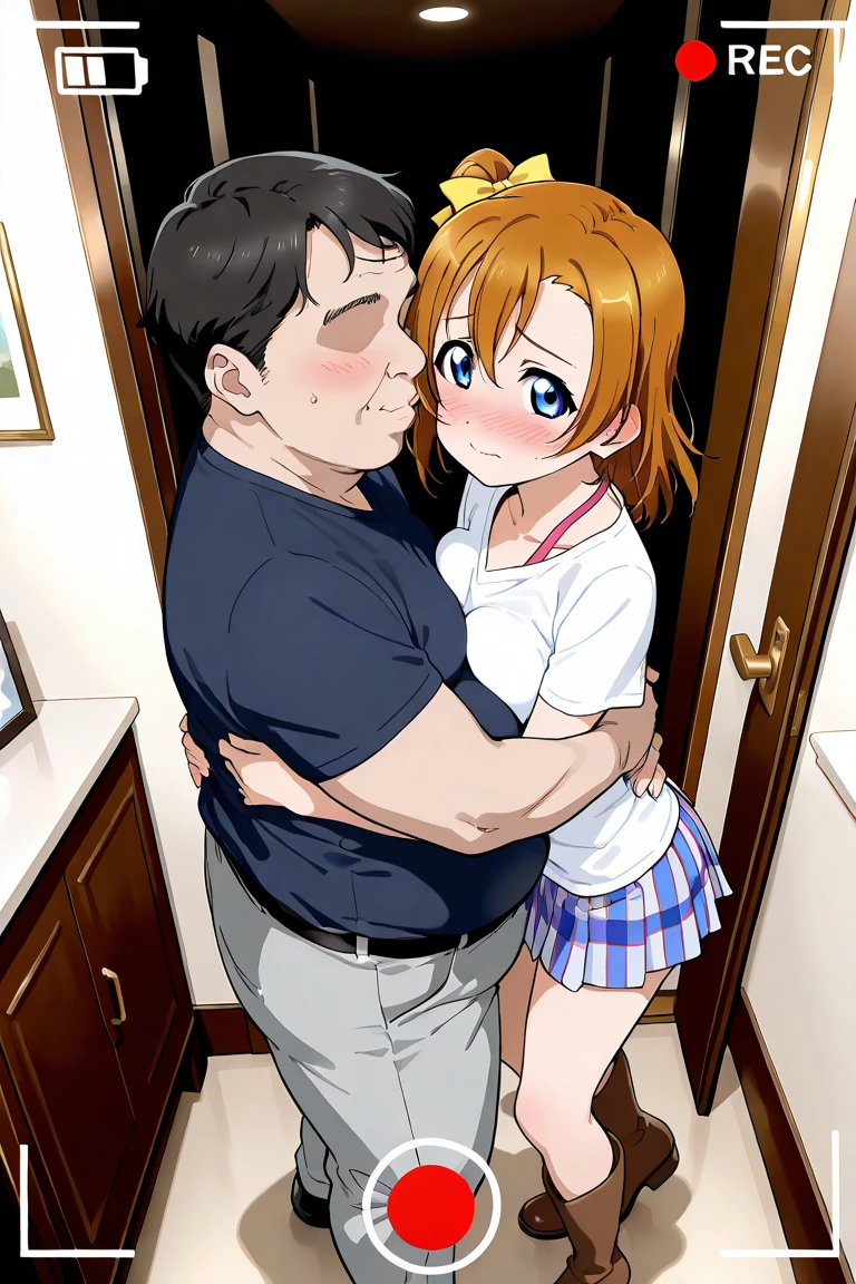 Honoka kousaka love live, blue eyes, orange hair,hair flower, shota boy, sailor top, sleeveless, breasts, micro skirt, perfect eyes, Perfect iris,Perfect skin,Soft front light,indoors;(pastel colour:1.2),(lipstick:0.8) , cowgirl position,on ground, mommy,low twintails, curvy thicc body , Long hair , blushing ,ass grab,ass squeeze , kiss