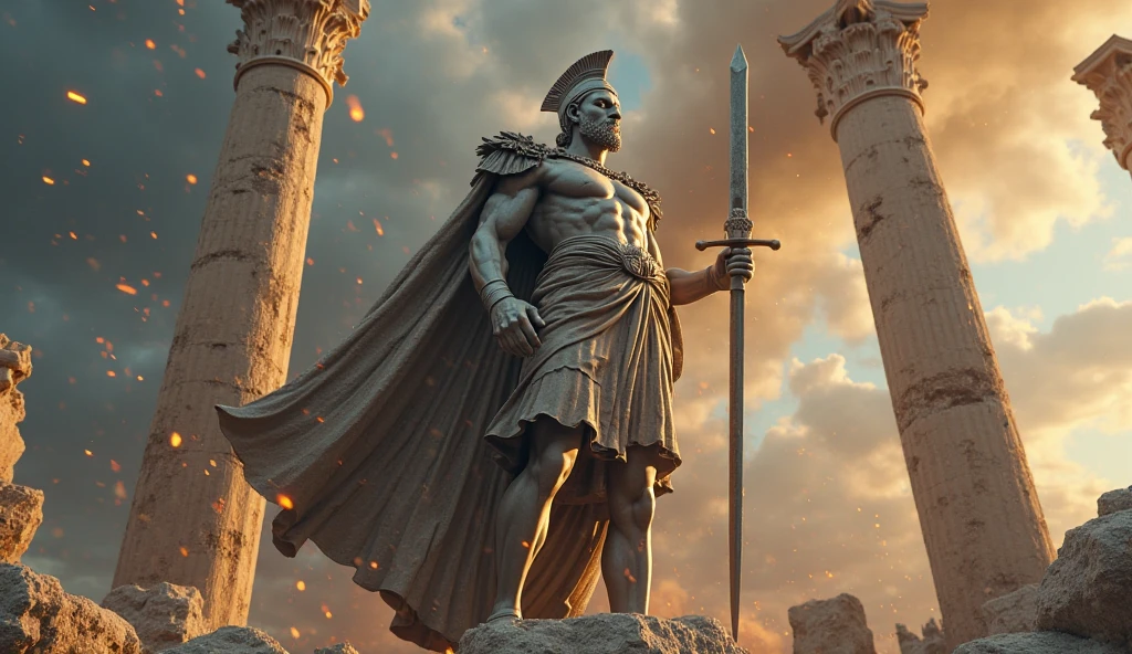 The  Greek Stoic man athletic body made by gray stone standing on the foggy and red lightning big rocka landscape 
