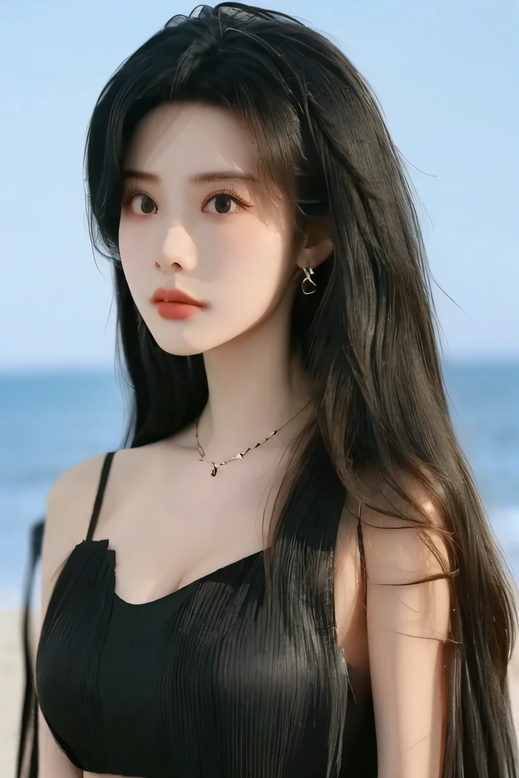 Beautiful woman with perfect figure,Layered Hairstyle,Skin Whitening, long black hair,transparent clothes,on a beautiful seaside
