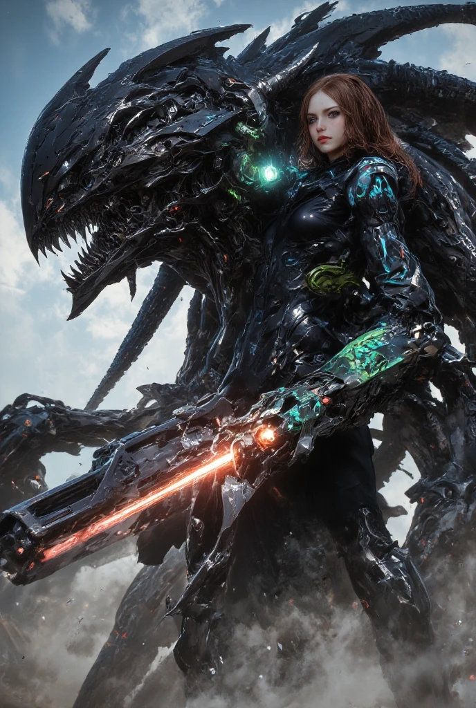 character sheet, complex 3d render (( ultra detailed of a Warrior young woman hero. fighting against a cyborg dragon in a fairy city full of fantastic creatures.)) ((android full body, masterpiece photo, cyborg, robotic parts, fighting against cyborg robotic tiger)) soft light, rim light, vibrant details, luxurious cyberpunk, lace, hyper realistic, anatomical, facial muscles, cable electric wires, microchip, elegant, beautiful background, octane render, h.r. giger style., masterpiece, best quality, high quality, highres, amazing lighting, detail enhancement, most beautiful image in the world, 8k resolution, awe inspiring, hd --auto