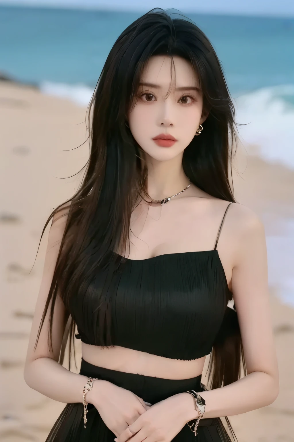 Beautiful woman with perfect figure,Layered Hairstyle,Skin Whitening, long black hair,transparent clothes,on a beautiful seaside