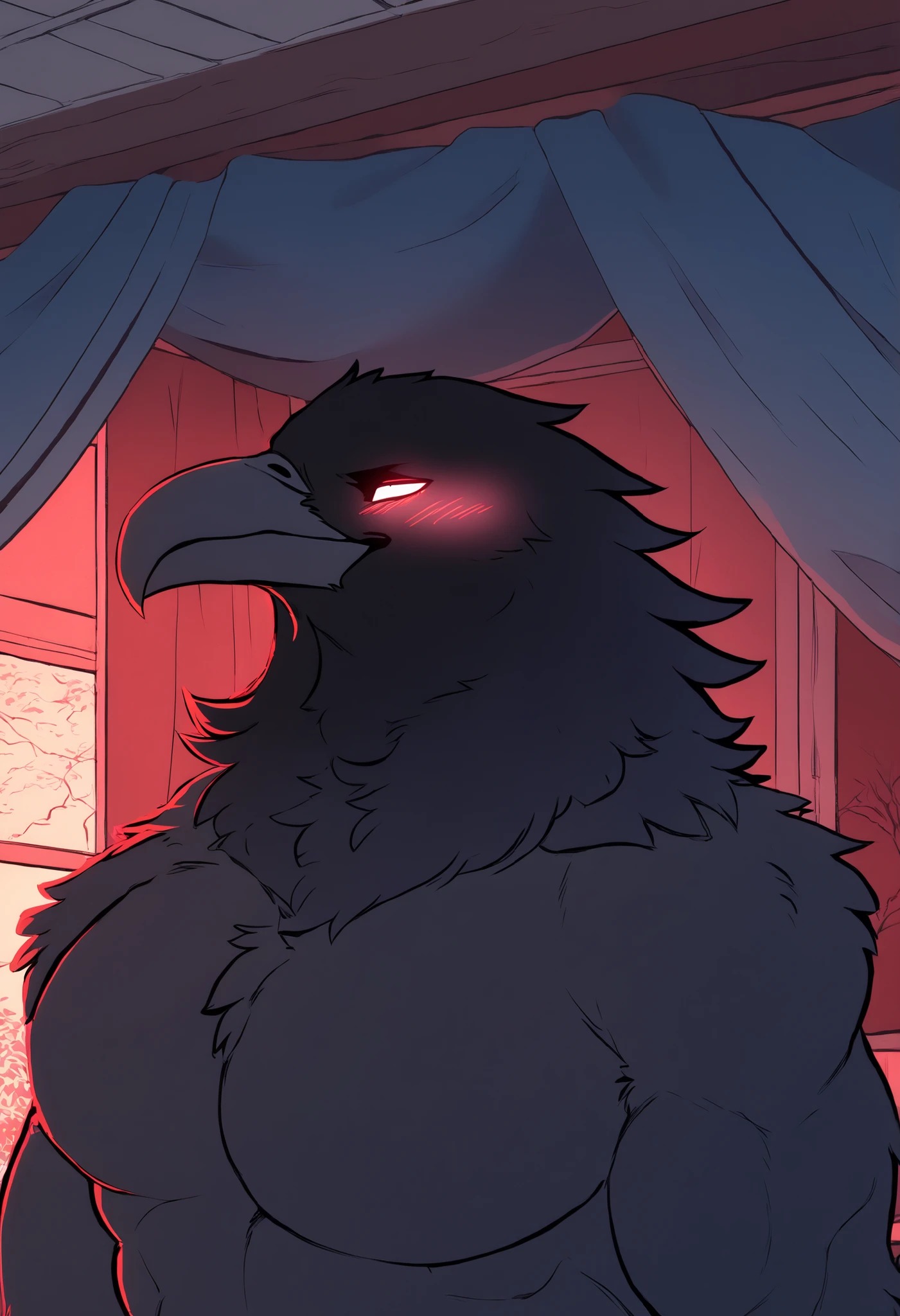 Solo, furry, male, raven, demon, lush black feathers, glowing eyes, huge physique, blushing, bedroom background, detailed, hi_res, flat color
