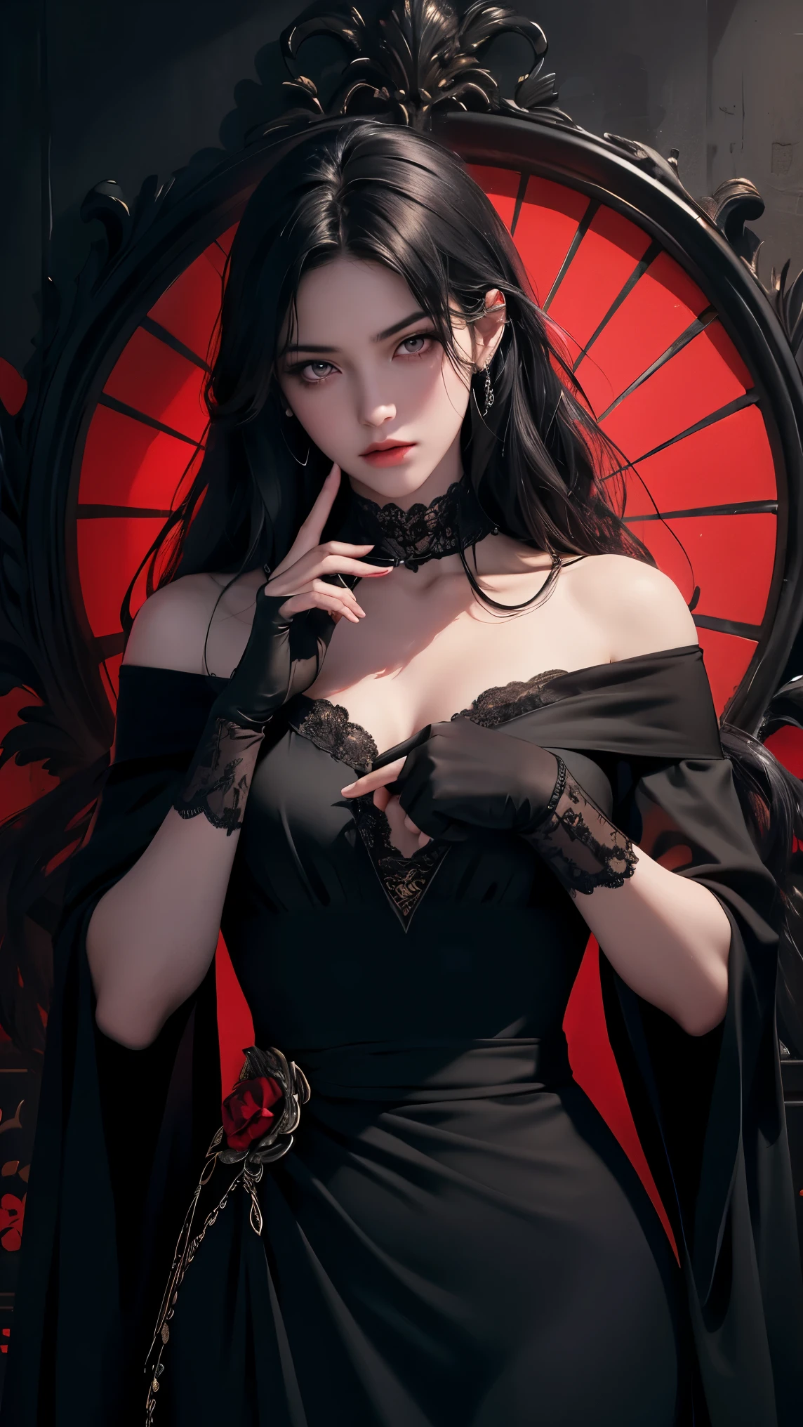 1 beautiful devil woman from hell, In the Dark: 1.6), surreal female portrait by David Hockney and Alphonse Mucha, fantasy art, korea doll, photorealism, dynamic lighting, artstation, poster, volumetric lighting, very detailed faces, 8k ultra, Awarded, in the dark, deep shadow, low key, cowboy lens, (Red phoenix dress: 1.4), long hair, black hair, bust, luxurious palace, Royal style, devil crown, red eyes make up very sharp and detailed, The most beautiful face, The breasts are very big and round and round, Super realistic, chinese women's clothing, polo neck sweater, Charming smile, The eyes are very well made up, guweiz, devil style, wearing black mesh socks, Ponytail with a bow tied at the back of the hair, Red black lips, Devil tattoo on shoulder, wearing a thin red and black robe, the landscape is overcast and thunderous, (Portrait), Close-up of the main character, (Background details 1.8),
