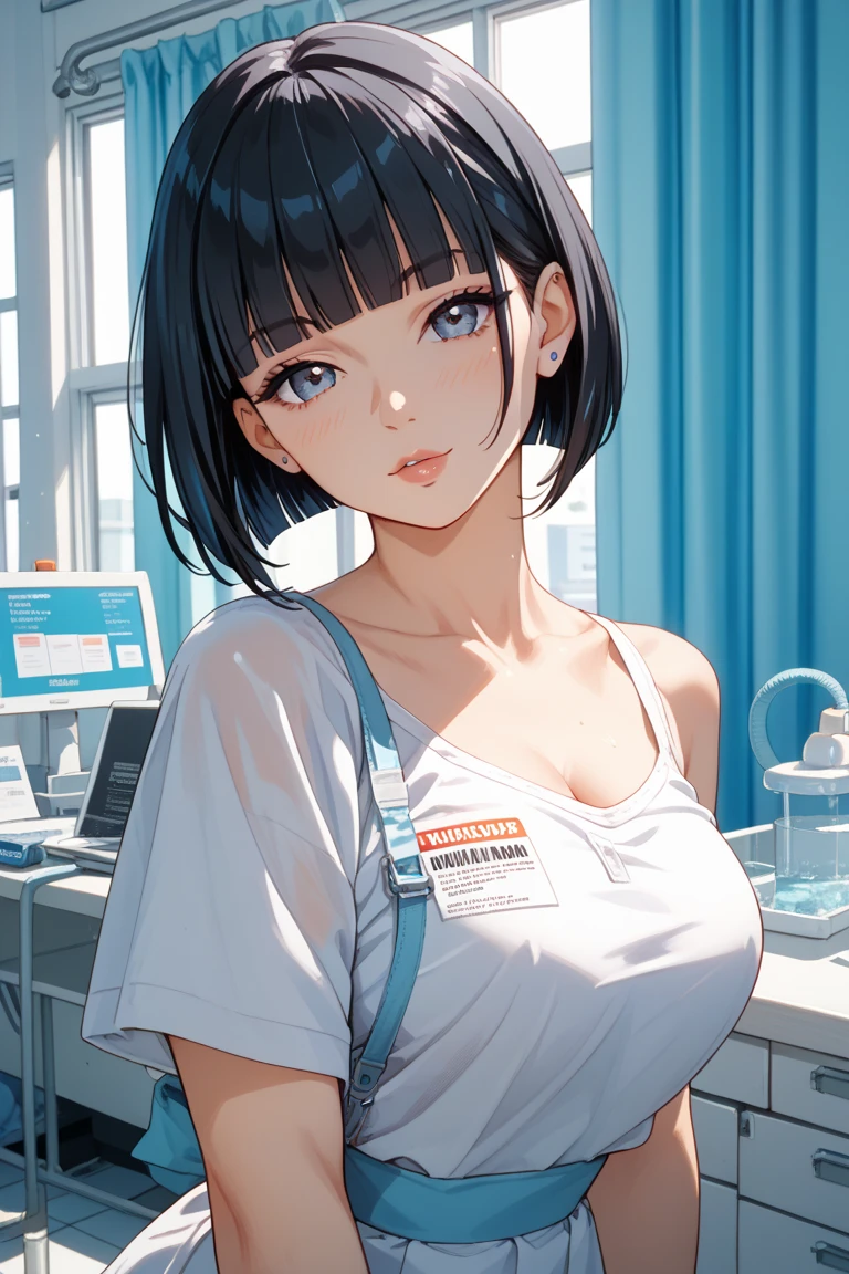 mature woman, mature face, hot face, glossy lips, (black hair, short hair, hime bangs), mature body, big breast, oversized t-shirt, magenta t-shirt, visible bra strip, lab coat, hotpants, lab