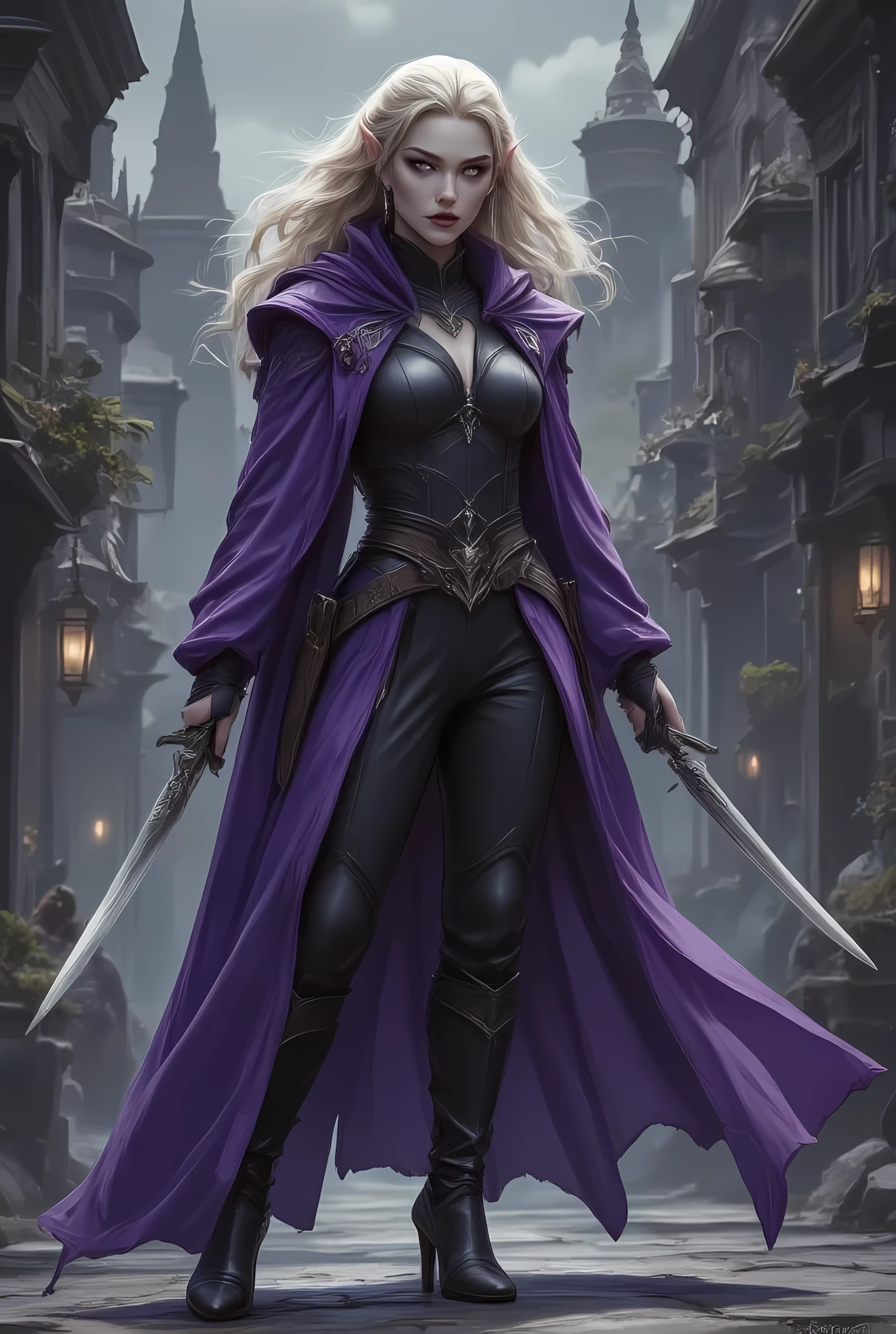 a black and white 1940s pin up snapshot picture of a female elf, ((only colors are black and white, and purple: 1.5) fantasy swashbuckler, fantasy fencer, armed with a slim sword, metallic shine, full body, epic beautiful female elf, blond hair, wavy hair, bilowing hair, small pointed ears, wearing purple cloak, long cloak, wearing elven leather shirt, small cleavage, wearing silk pants, wearing high heels boots, sense of daring, sense of adventure fantasy street, high details, best quality, 16k, [ultra detailed], masterpiece, best quality, (extremely detailed), dynamic angle, ultra wide shot, photorealistic, RAW, fantasy art, realistic art,((best quality)), ((masterpiece)), (detailed), perfect face, fantasy,