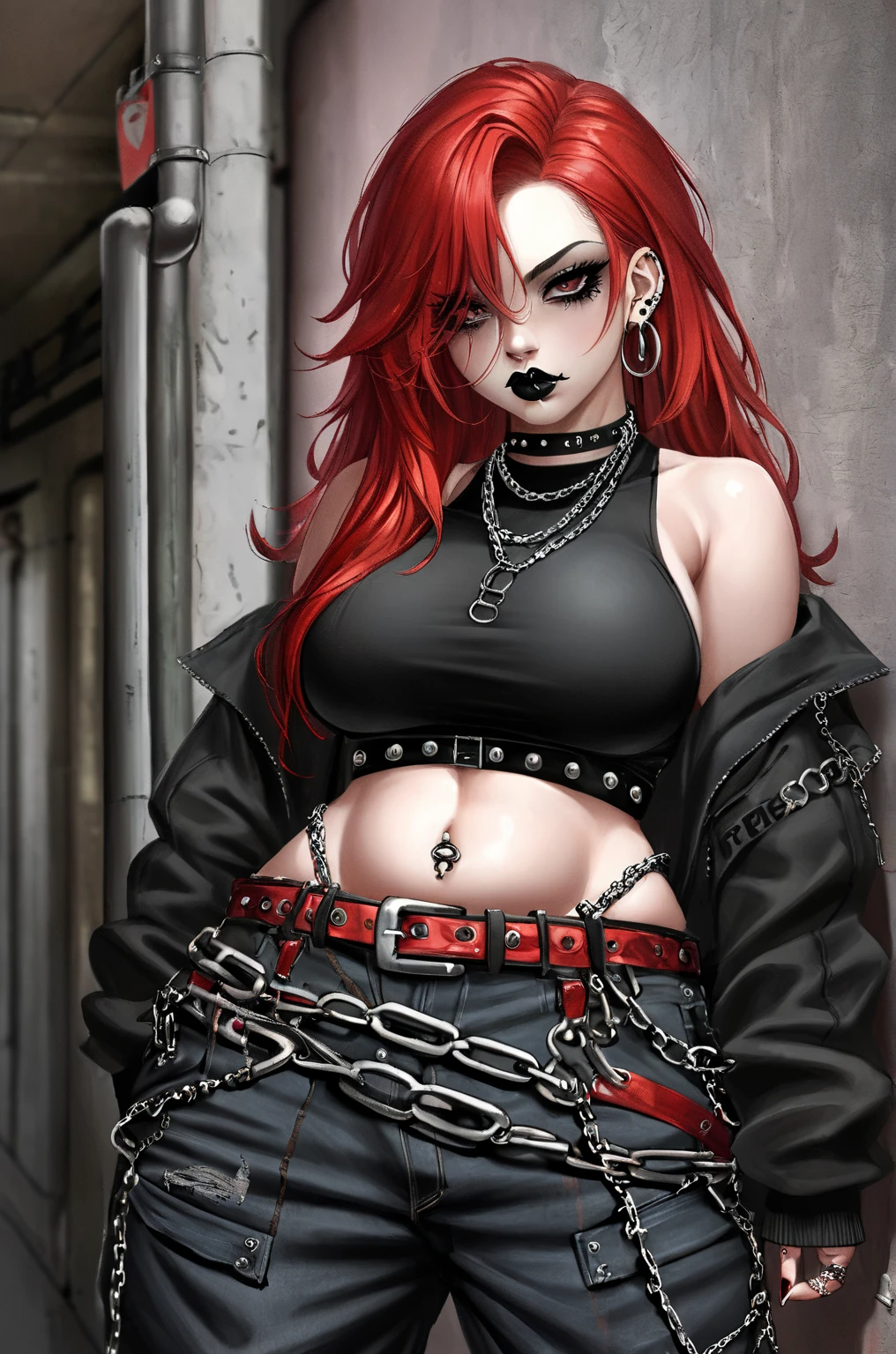 Excellent image, young adult girl with bright makeup, in a tight leather miniskirt and lace bra, in fishnet stockings above the knee, with red hair, wearing high heel sandals,handcuffed, Hands in handcuffs, handcuffs on hands, wrists are cuffed, arrest, Hands handcuffed, Posing in full growth, playful smile, feet shoulder width apart, handcuffs with long chain on legs, anime, stands facing the wall, tied