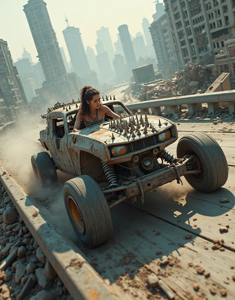 image of a beautiful 20 year old girl, face perfect, madmax style, in surfing position on the hood of a rusty futuristic off-road vehicle, Rusty and dirty paint, madmax style, apocalypto, rusty bodywork, long front hood, Clear and broken glass, big shiny wheels, ultra realisitic, 8k, on a street in a modern city with 20-story buildings collapsed to the ground, there is a complex of ruined viaducts in the background, the city is in ruins stretches across the horizon, destroyed posts and wires on the ground, as detailed as possible, as realistic as possible, proportional image, Grey overcast sky.