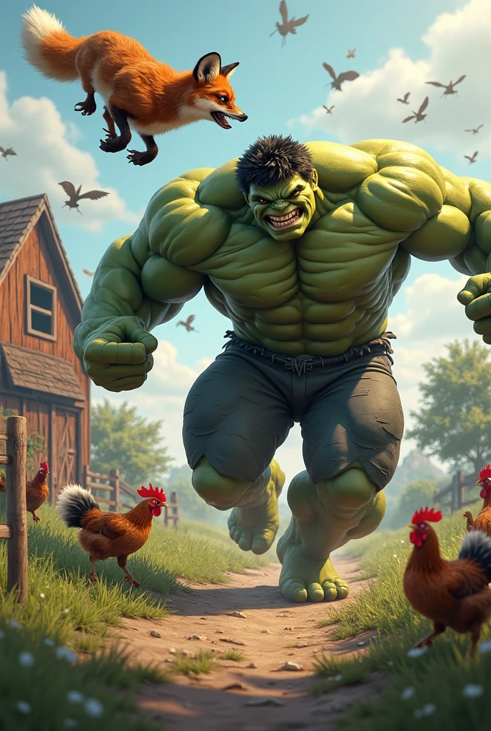 Can you please do an image of Hulk, the avenger taking a hen for a walk with an harness for chickens?