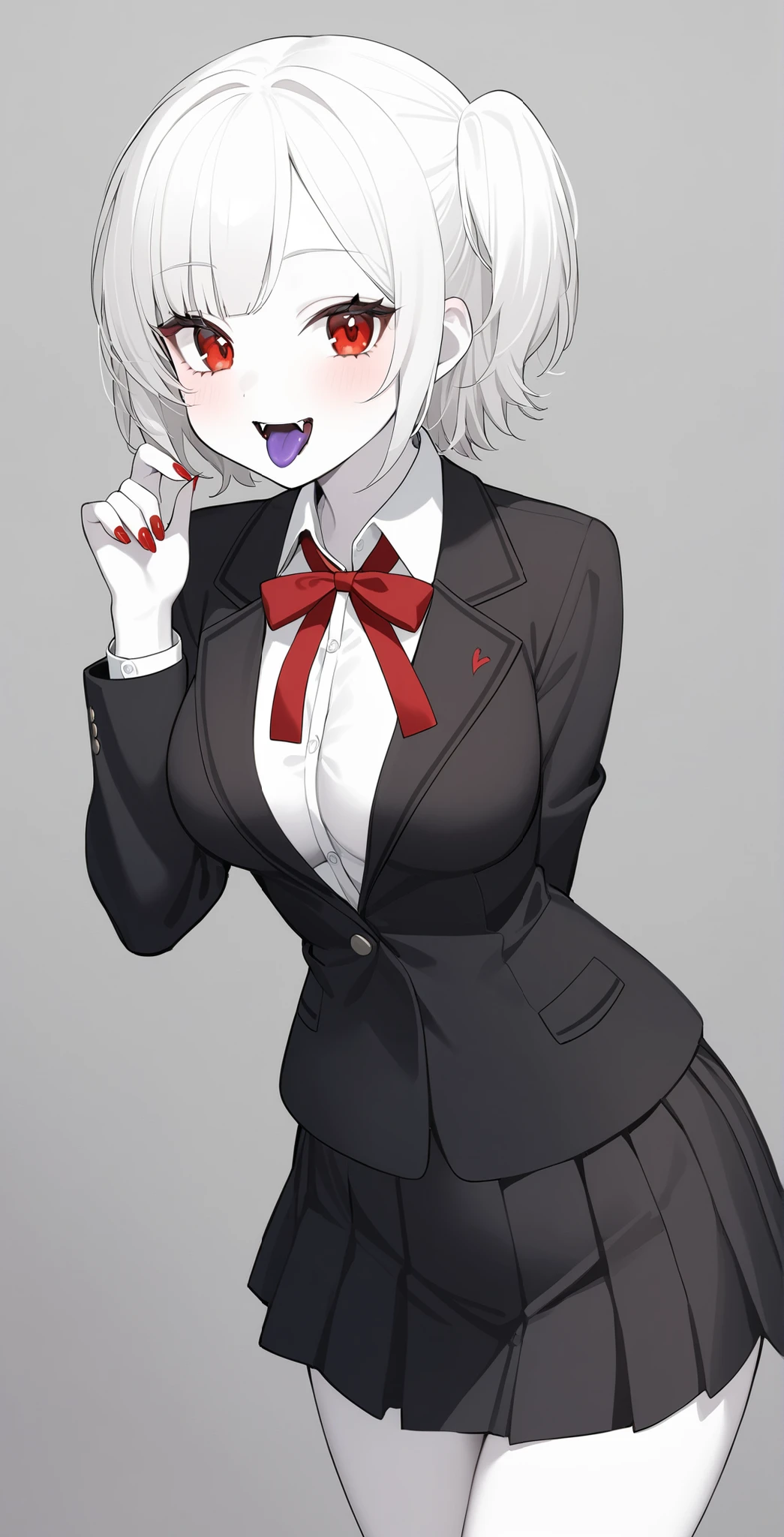 1 Girl、Korean Faces、cute hairstyle、The name is Yoo Si-yoon、red eyes、has fangs、vampire、vampire化College Student、vampire学園の生徒、College Student、, pure white, pale skin 、pure white hair、red and black skirt、Red and Black Blazer、shirt、taller than 170 cm、vampire学園の寮、Red nails、Slightly sharp nails、slightly larger breasts、Red toenails、Purple tongue