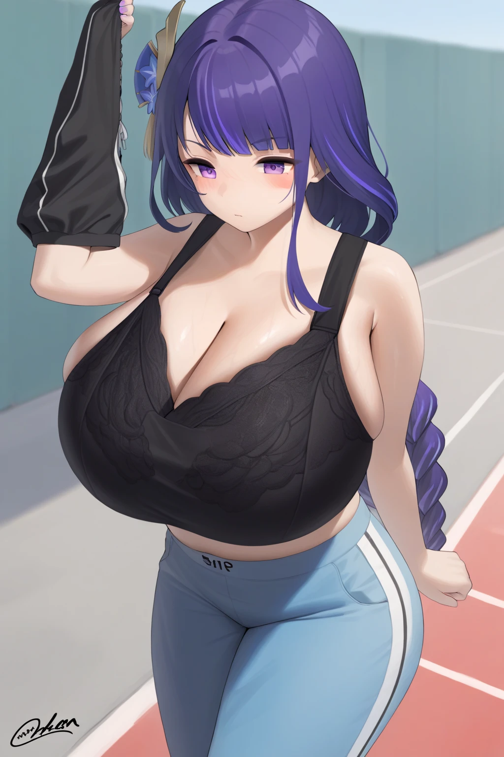 long whitr hair, Purple colored hair, a purple eye, Permanent, exercise well, Jogging bottoms, Wet with, Willow waist, humongous large breast, big breasts drooping, The upper part of the body, tight waistband, belly bulge, navel, both hands on hip, Outdoor activities, Sateen, eventide, bokeh, causticism