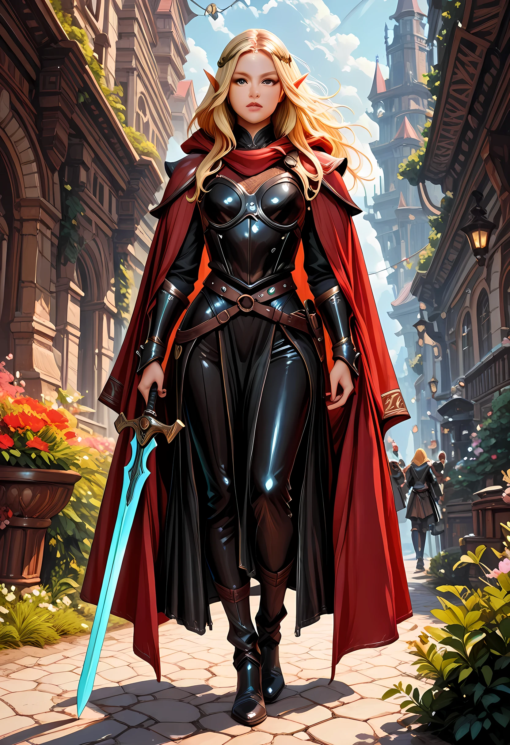 a black and white 1940s snapshot picture of a female elf, fantasy swashbuckler, fantasy fencer, armed with a slim sword, metallic shine, colorful clothes, full body, epic beautiful female elf, blond hair, long hair, billowing hair, small pointed ears, wearing  cloak, long cloak, (red cloak: 1.3) wearing elven leather armor, sense of daring, sense of adventure fantasy street, high details, best quality, 16k, [ultra detailed], masterpiece, best quality, (extremely detailed), dynamic angle, ultra wide shot, photorealistic, RAW, fantasy art, realistic art,((best quality)), ((masterpiece)), (detailed), perfect face, fantasy, Irelia