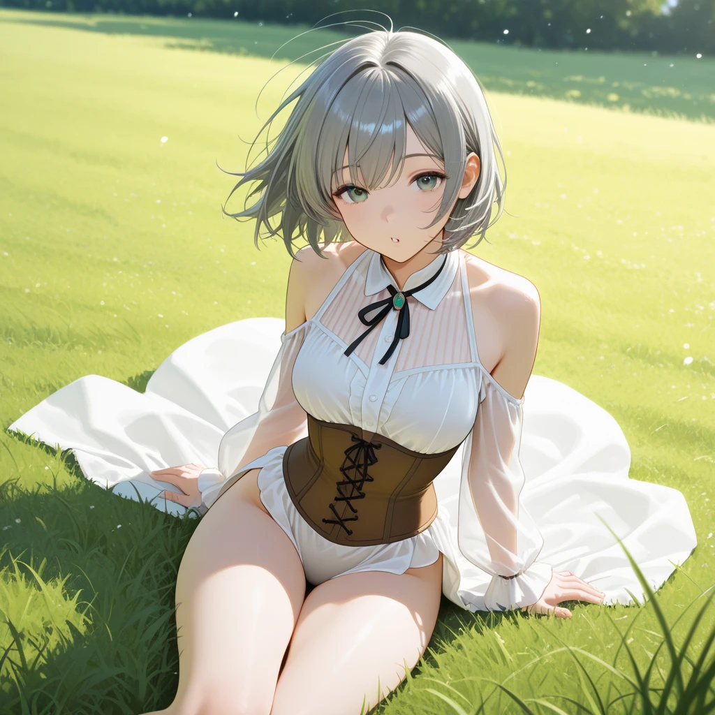 (masterpiece:1.2), (highest quality:1.2), perfect eyes, perfect face, perfect lighting, middle ages, grassland, Rock Shade, , 1 girls,blonde aqua eye, ((((((hair over one eye)))))), Braid Styles, spiked hair, blunt bangs, short hair, a braid, Ahoge,, ((((white bikini armor)))), cute eyes, open mouth, ((from above)), ((front)), ((arms behind head)) , ((spread legs)), (glaring), spoken heart, big breasts, nipple, ((((cum on body)))) , abs, ((disdain)), organis , ahegao, (faceless male), hetero, penis, ((breathless)), Sweat