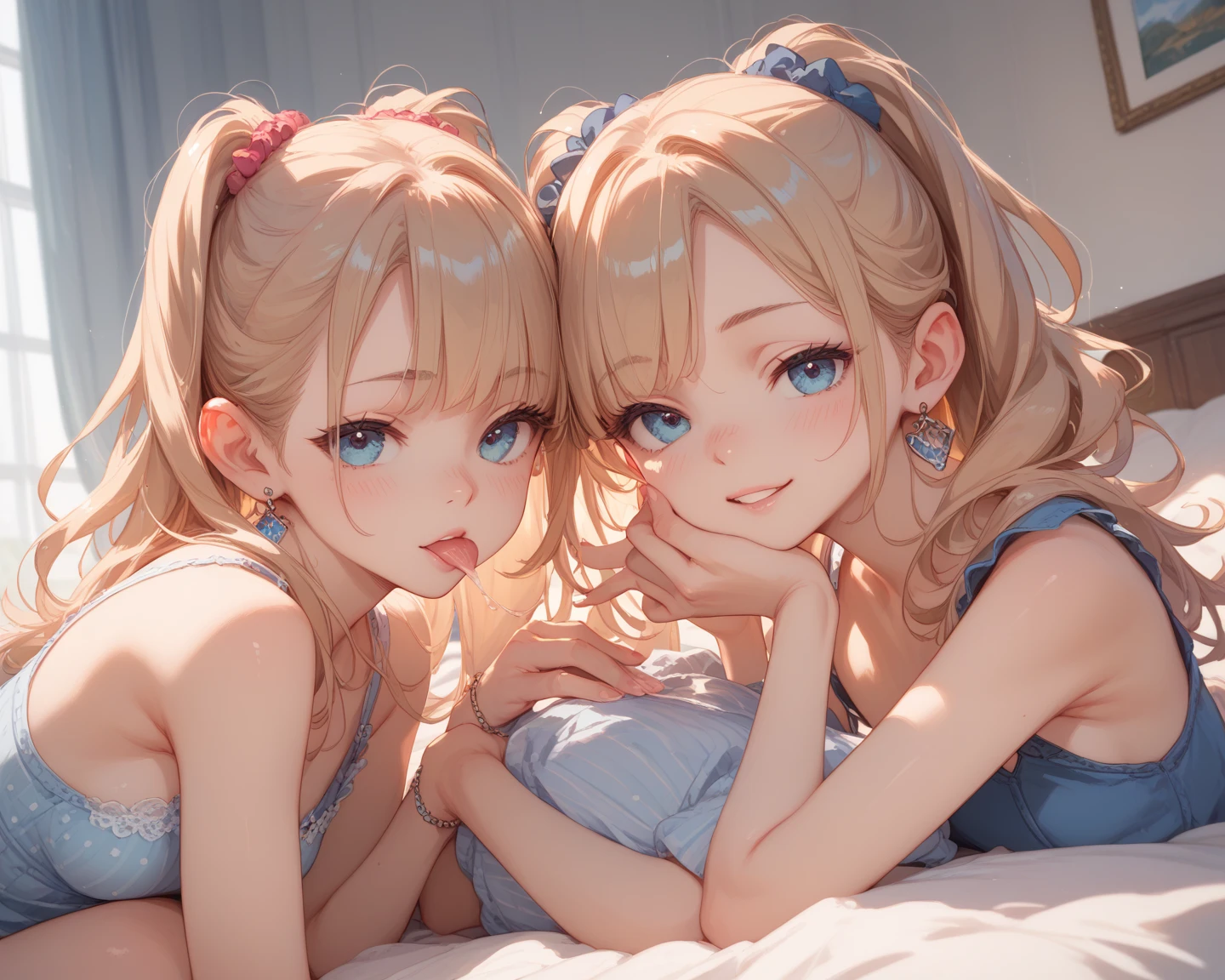 Blonde, purple eyes, ponytail, tank top, cool older sister