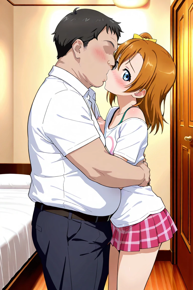 score_6_up, best quality, anime screencap, 1girl, ochako uraraka, brown hair, short hair, big breasts, big ass, pink bra, pink pantie, from behind view, standing, embarrassed_female, (1boy, faceless male), face to face, hugging, kissing, look up, tongue out, bedroom, from side view, profile, pants