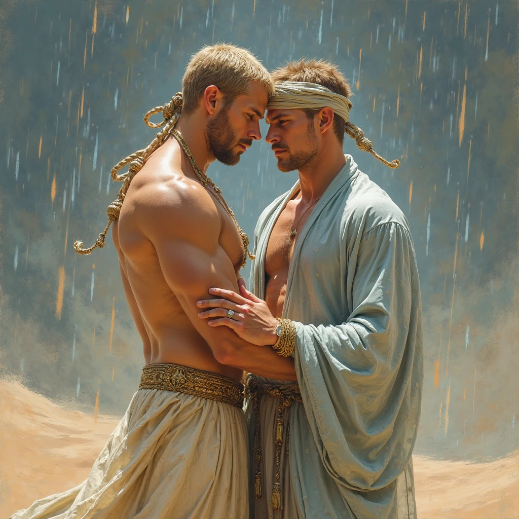 1 arab kneling very close in front of a standing blond man´s groan baroque painting+muslim_art fullbody portrait, an arabian prince, cinnamon skin green eyes, wavy black hair, thin face, slender toned body, body hair, beautiful face, next to a young viking, blond, blue eyes, muscular beautiful face, strong, masculine perfect proportions, white skin innocent look, both naked shirtless pantless barefoot in the mesopotamian desert in the night dynamic movement composition in the background dunes, tents, stars,, south cruce so romantic
