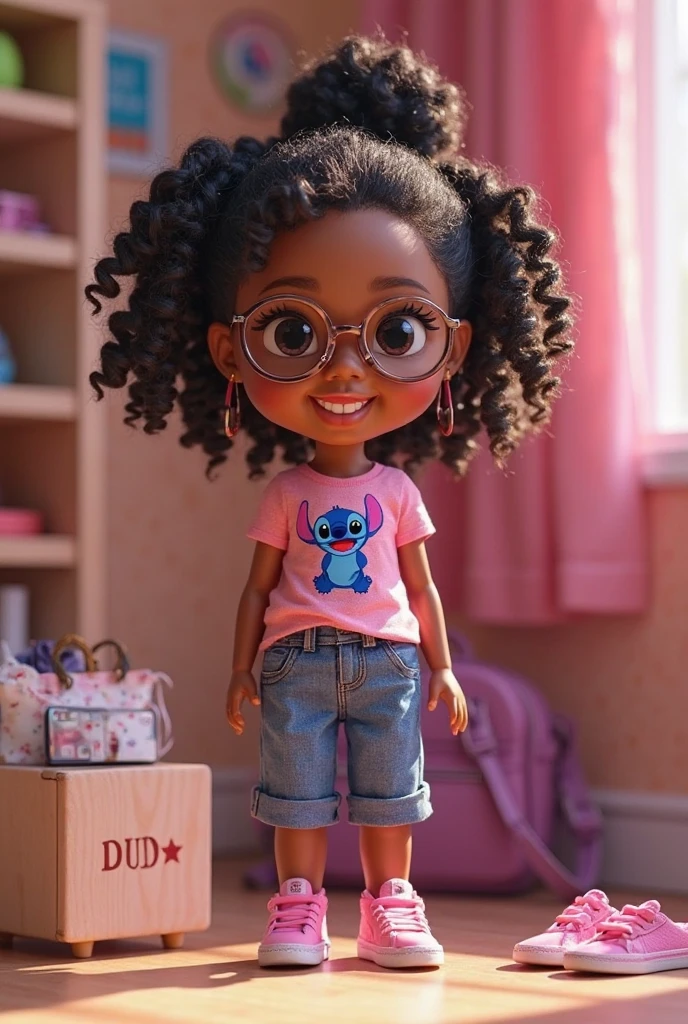 1 negra, fundo simples,3D,mini, corpo todo,cabelo rosa,lilac cloth,com flores