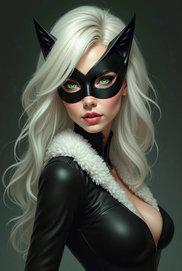Black Cat,beatiful face,Protruding Breasts,White long hair,detailed fur texture,sharp-focus,piercing eyes,intense gaze,delicate sideburns,Elegant posture,mysterious aura,High contrast,soft shadows,bright colours,Artistic visualization,Realistic painting style,Night landscapes,Illuminated by moonlight,slender physique,graceful movements,Curved tail,Intense expression,Hidden secrets,Mesmerizing presence,Eyes of detail,Photorealistic details,subtle highlights,darker tones,Alluring beauty,Smooth and shiny coat,Miniature frame,playful, but mysterious,Attractive personality,Intensive Communication,Strong visual impact,stunning artwork,Professional Composition,A high-resolution masterpiece,Attention-grabbing,Eye-catching composition,provocative and alluring,expressive and captivating look, platinum white hair, black mask