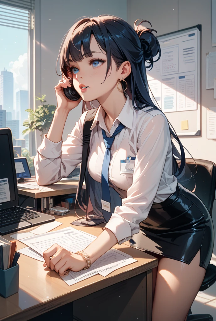 Hu Tao, 1girl, solo, ((white shirt)), black thighhighs, breasts, cleavage, uniform, office background, black skirt, pleated skirt, office, hair between eyes, brown eyes, flower pupils, medium breasts, long hair, looking at viewer, Black hair, brown short nails, solo, thighhighs, thighs, very long hair, ((masterpiece)), sitting, chair, desk, computer on desk, name tag, id tag, indoor, blush, sexy pose, ((long twintail)),