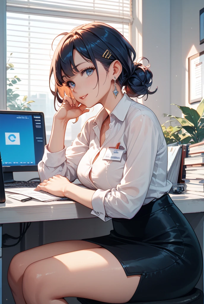 (((1 girl))), masterpiece, highest quality, Ultra-realistic 8k CG, Perfect artwork, Image of a perfect woman, Perfect hands,((Cowboy Shot)) ,Medium Bob,(During lunch break),((Sit on a chair)),Inside the coworking space,Brown Hair,fine,I like it,colleague,Office casual attire,modern,The seat next to me,Tight Skirt,No sleeve,Lightweight cardigan
