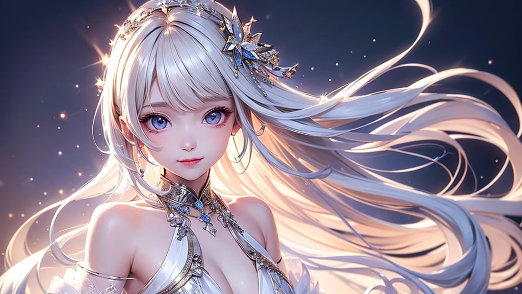 (Close-up image)((masterpiece:1.5,Highest quality,Highly detailed images,Beautiful images、Realistic、Photorealistic、2.5D))(1girl, 独奏,)(Adult women、medium beautiful breasts, white hair, beautiful eyes、Beautiful cleavage)(cleavage_cutout, silk, Long dress)(smile, wind, floating hair)(dark、Soft lighting、Fantastic Background)